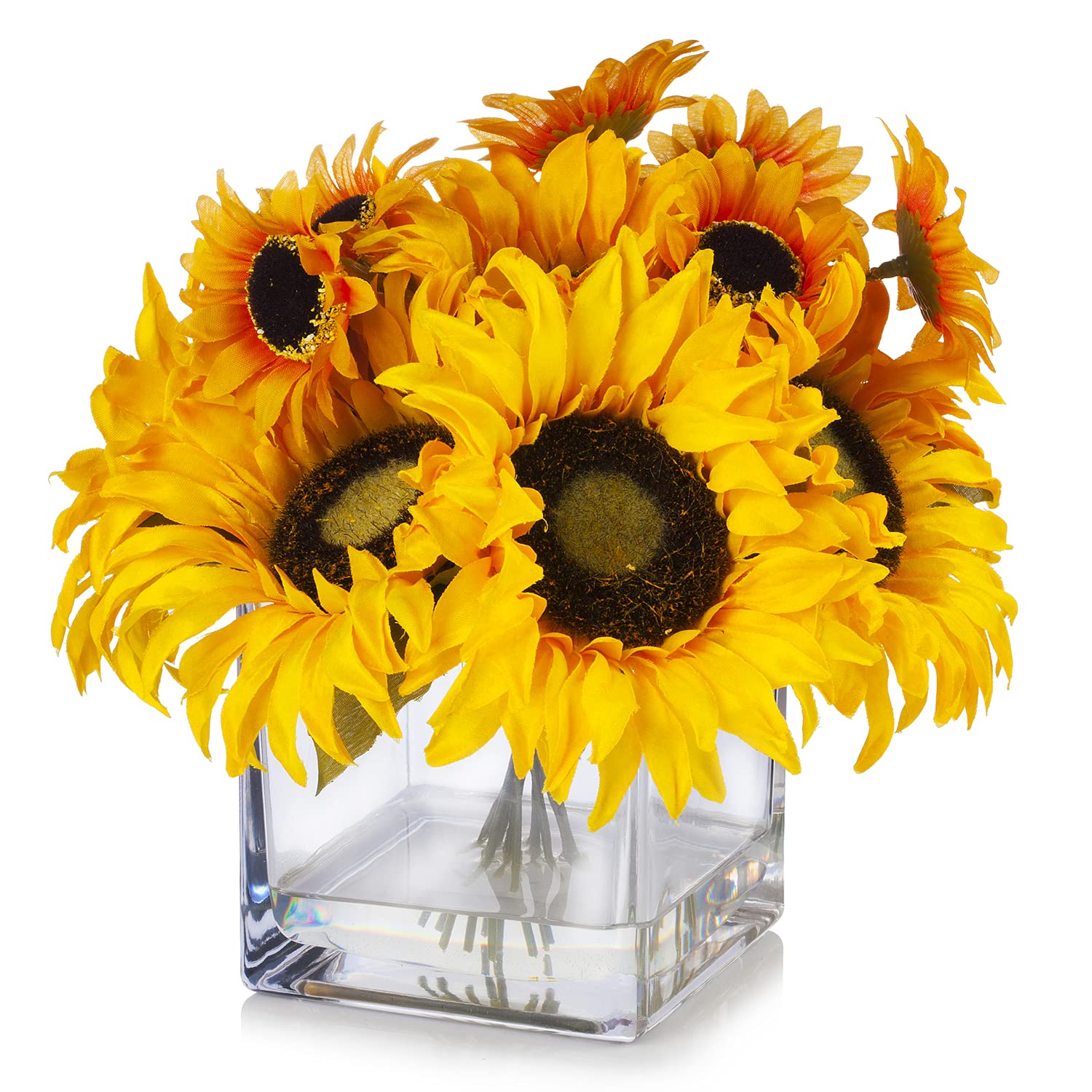 Enova Floral Artificial Sunflowers Mixed Silk Fake Flowers Arrangement in Glass Cube Vase with Faux Water - Home Office Wedding Decor, Table Centerpiece, Party & Event Decoration