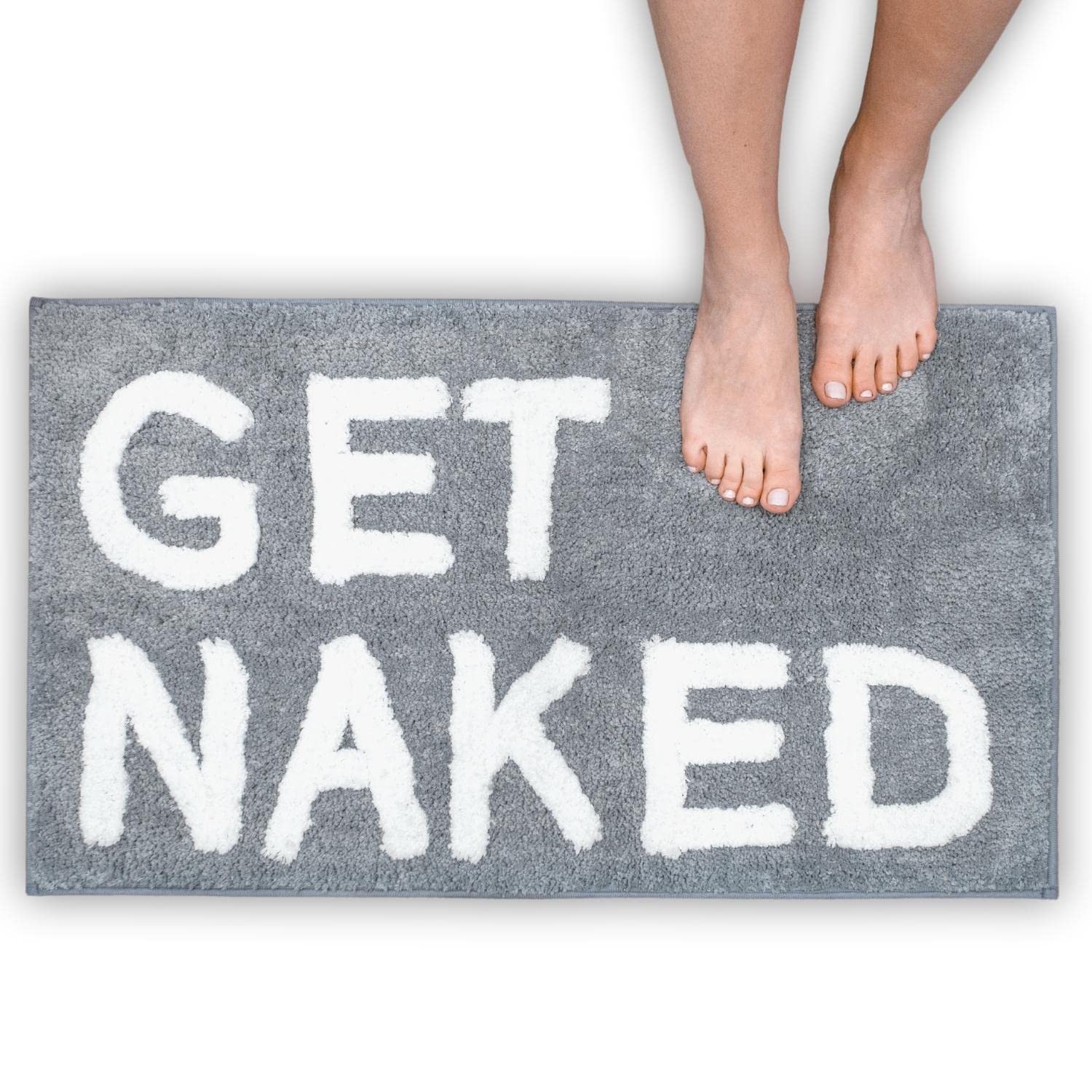 LABEND HOME Funny Peach Bathroom Decor - Get Naked Bath Mat & Shower Curtain Set - Cute Non-Slip Washable Bath Rug for Bathroom Accessories - Perfect for Spa, Guest Bathroom or Funny Gift (Gray)