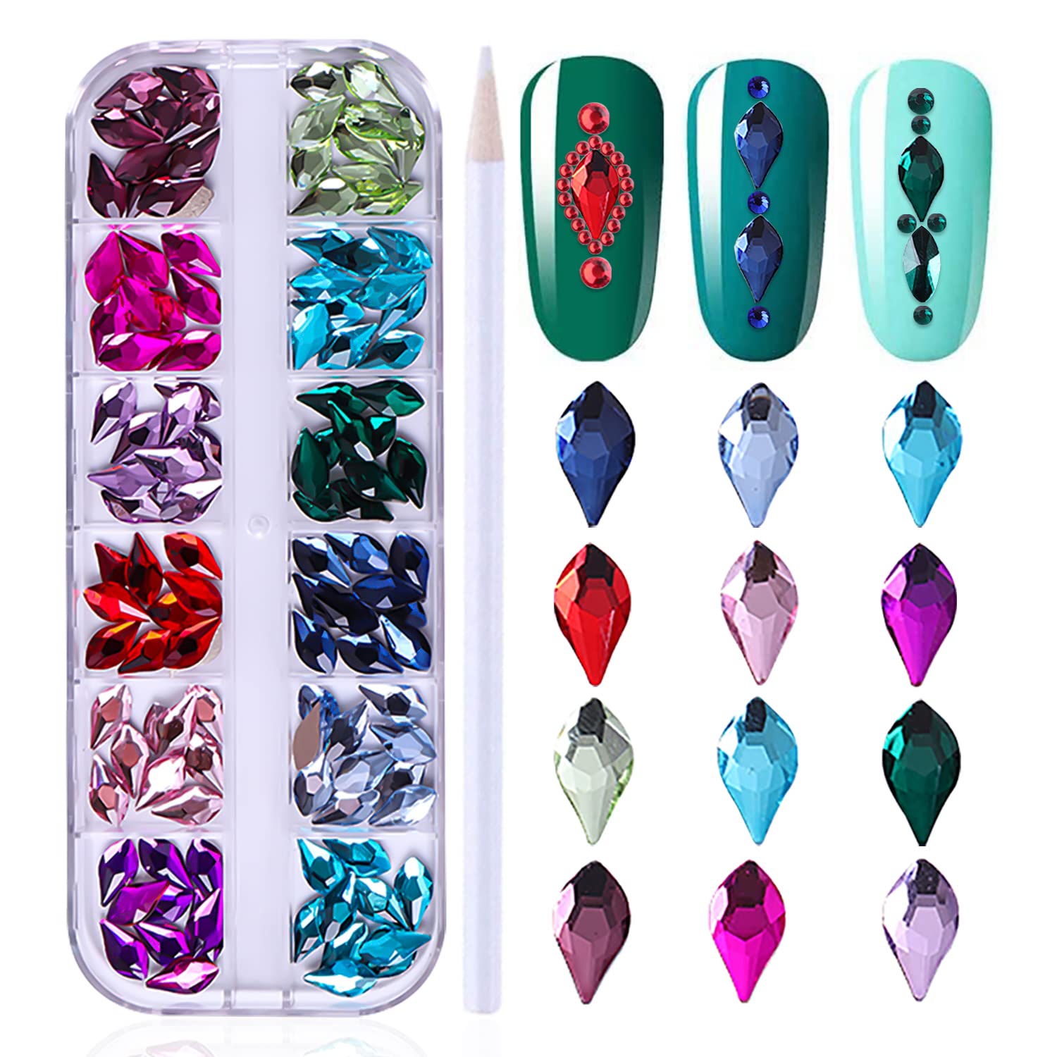 WOKOTO 120pcs Flat Back AB Rhinestones - Tear Drop Nail Gems for Acrylic Nails & Nail Art | DIY Manicure, Salon Glam, Party Nail Decor