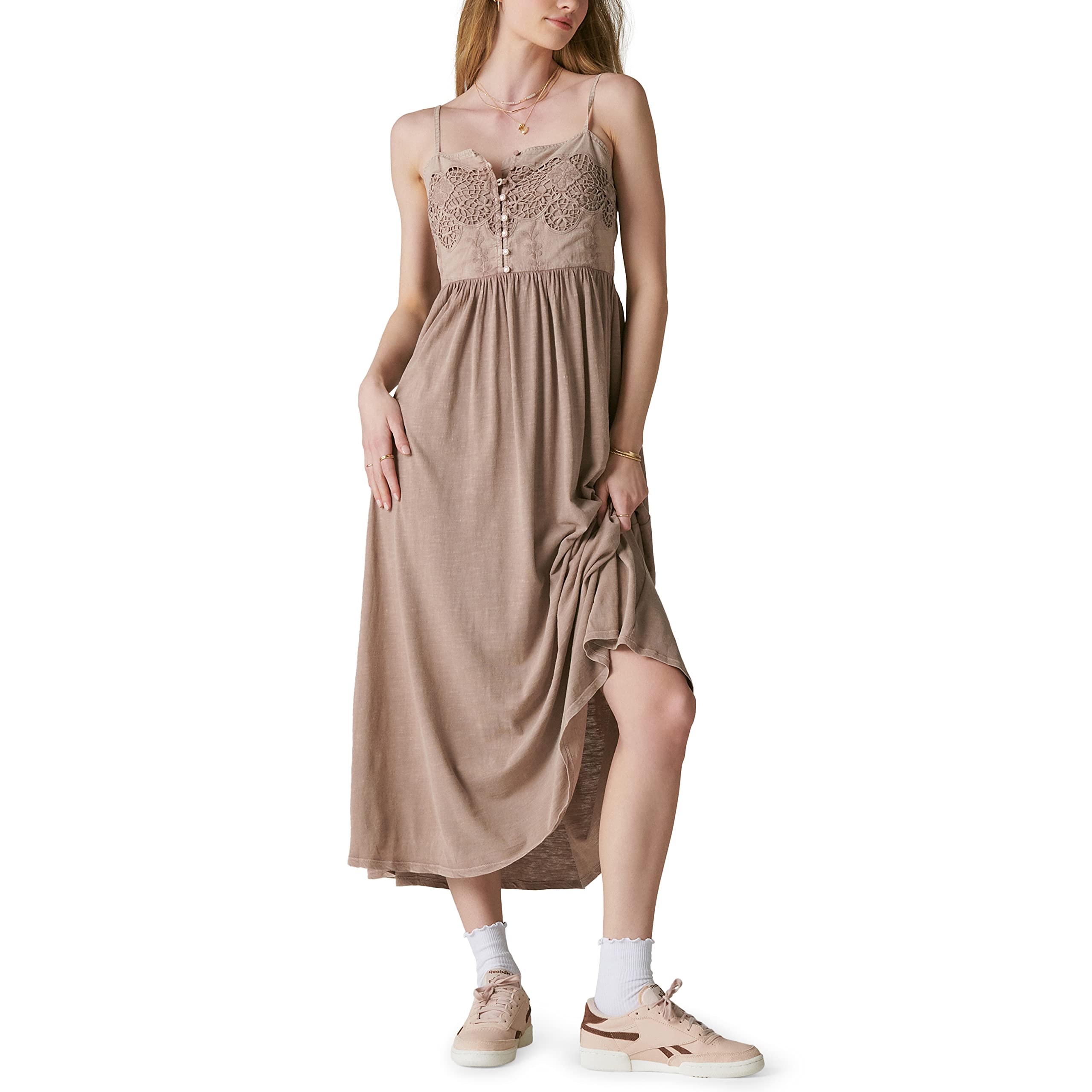 Lucky Brand Women's Lace Button Front Midi Dress - Elegant Floral Summer Dress for Casual Outings, Date Nights & Special Occasions
