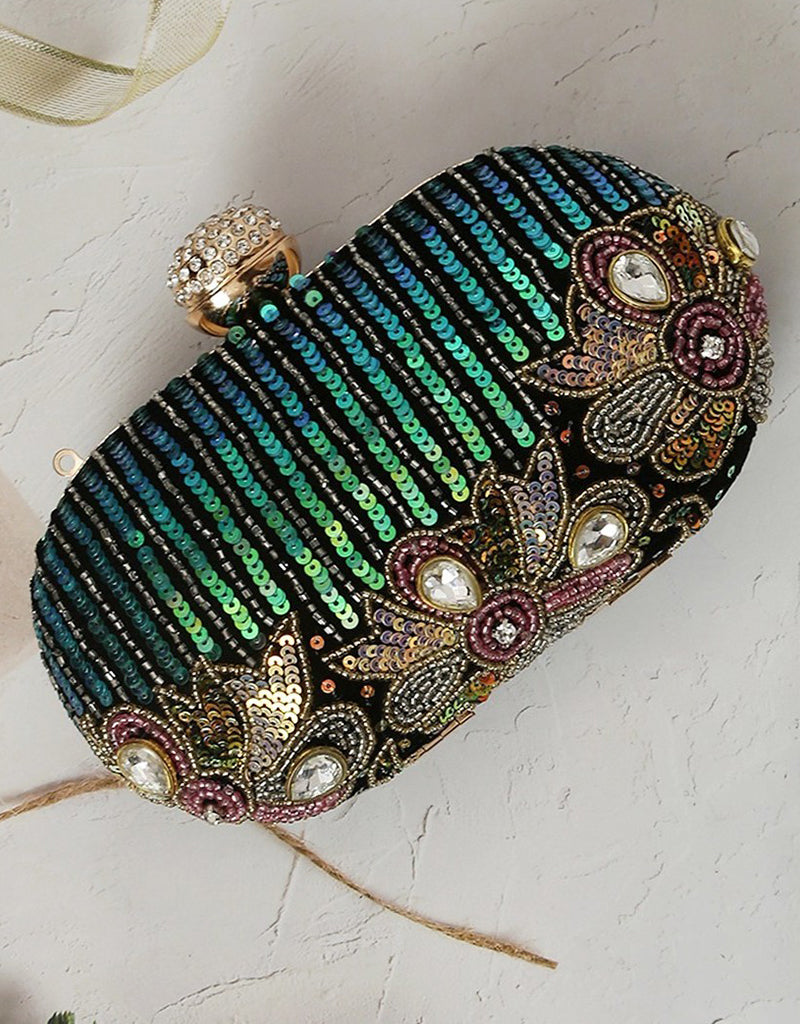 Stylish Black Embroidered Designer Clutch Purse for Women - Elegant Evening Bag for Parties, Weddings & Special Occasions