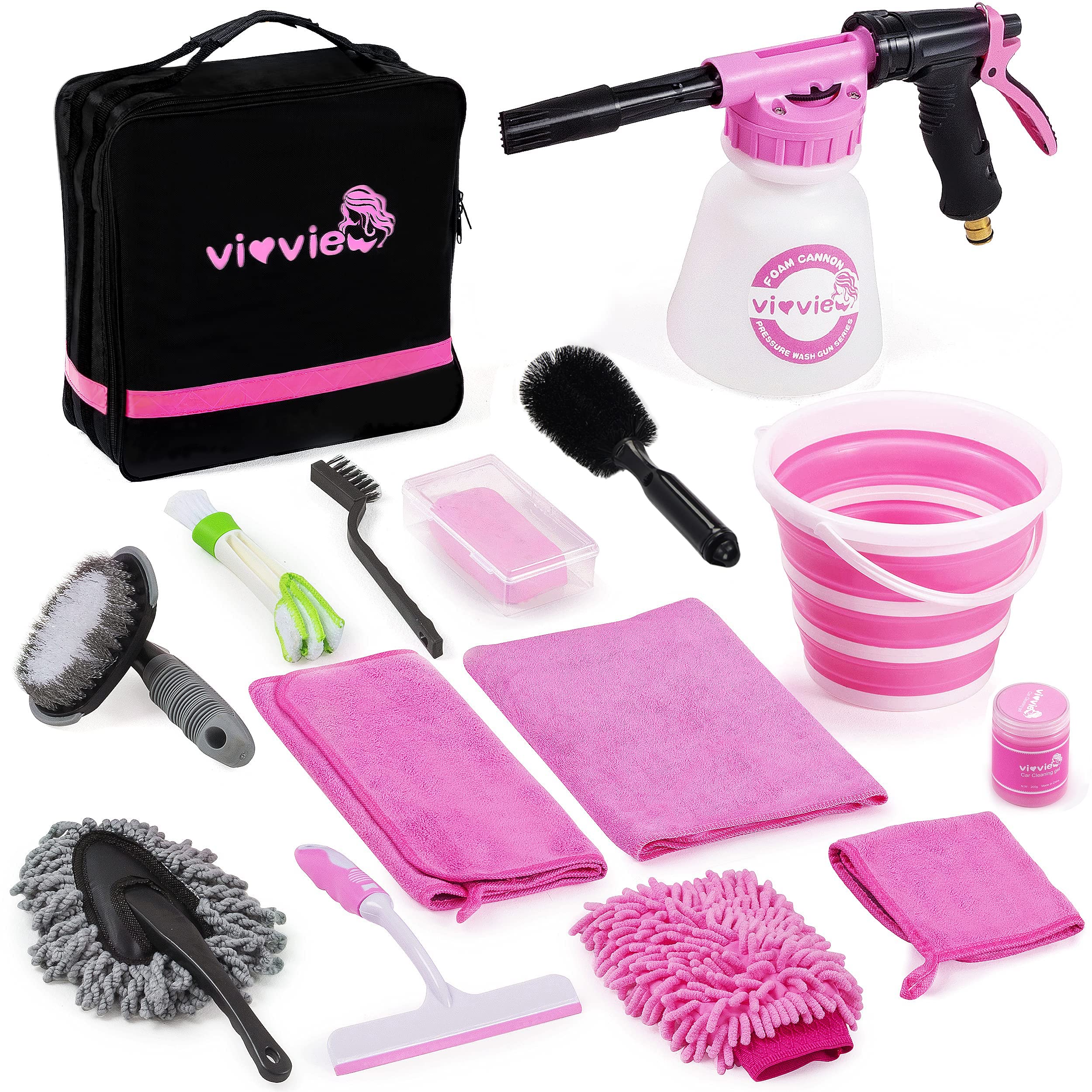 Vioview Car Wash Kit with Foam Gun - Pink Car Cleaning Set Includes Foam Sprayer, Collapsible Bucket, Microfiber Towels & Foam Cannon for Car Detailing, Home & Garden Use - Fits Most Standard Garden Hoses