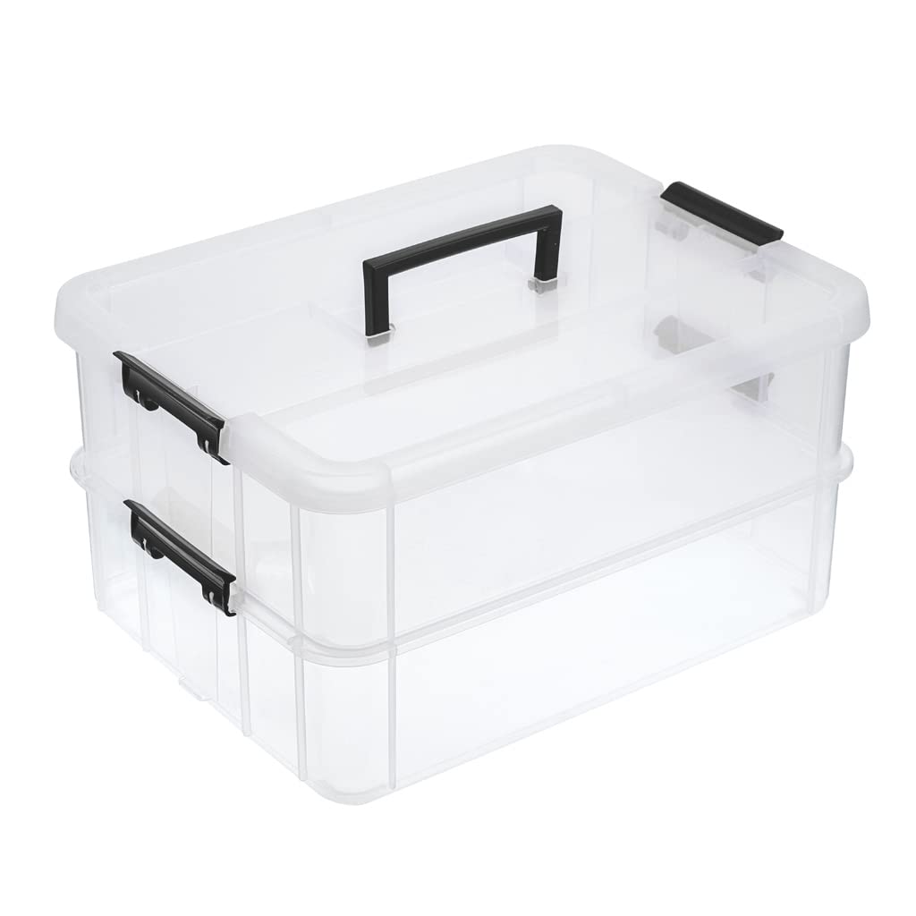 BTSKY 2 Layer Stackable Plastic Storage Box with Handle - Portable Organizer for Stationery, Crafts, Jewelry & Beauty Supplies | Perfect for Home, Office & Travel Organization (Black)