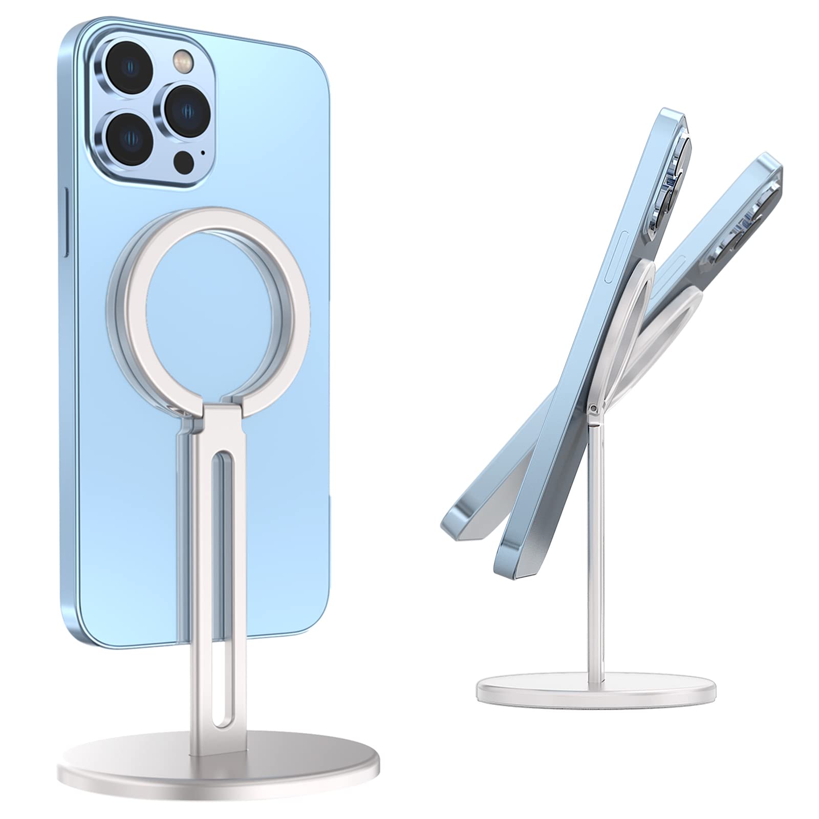 MAKOFAE Magnetic Phone Stand for iPhone 14 13 12 Series - Adjustable Metal Magsafe Phone Stand Holder for Desk, Car & Travel - Portable Magsafe Mount for iPhone (Silver) - Perfect for Work, Home & Office Use