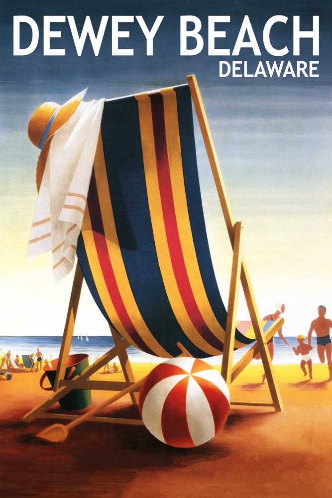 Dewey Beach Delaware Beach Chair and Ball Wall Art Print - 9x12 Coastal Home Decor for Living Room, Bedroom, or Office