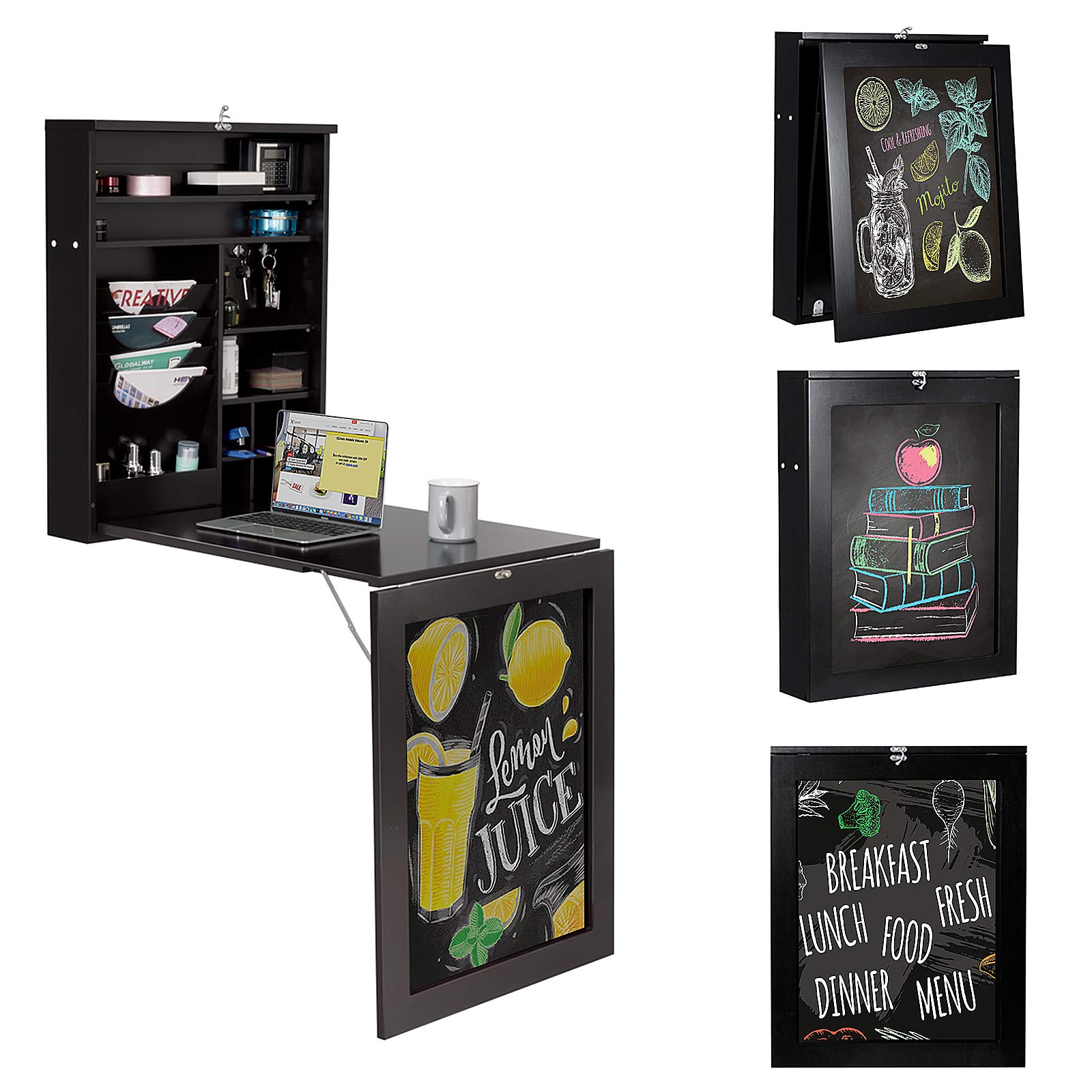 Tangkula Wall Mounted Floating Desk with Chalkboard - Space Saving Foldable Wall Desk with Storage Shelves & Hooks, No Assembly Required - Perfect for Small Apartments, Home Offices & Dorm Rooms