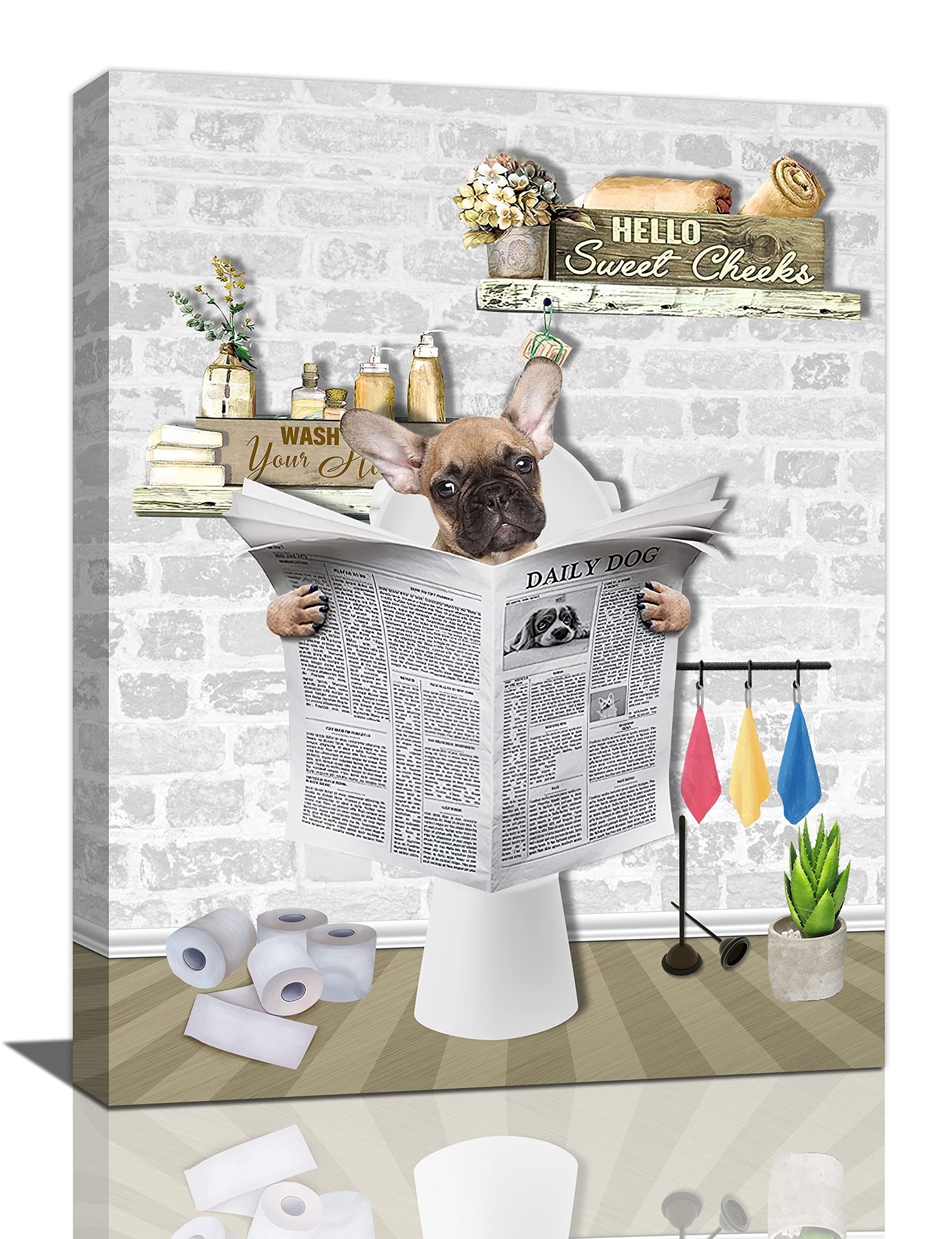 Funny Dog on Toilet Canvas Art - 12x16in Framed Bathroom Decor for Modern Homes
