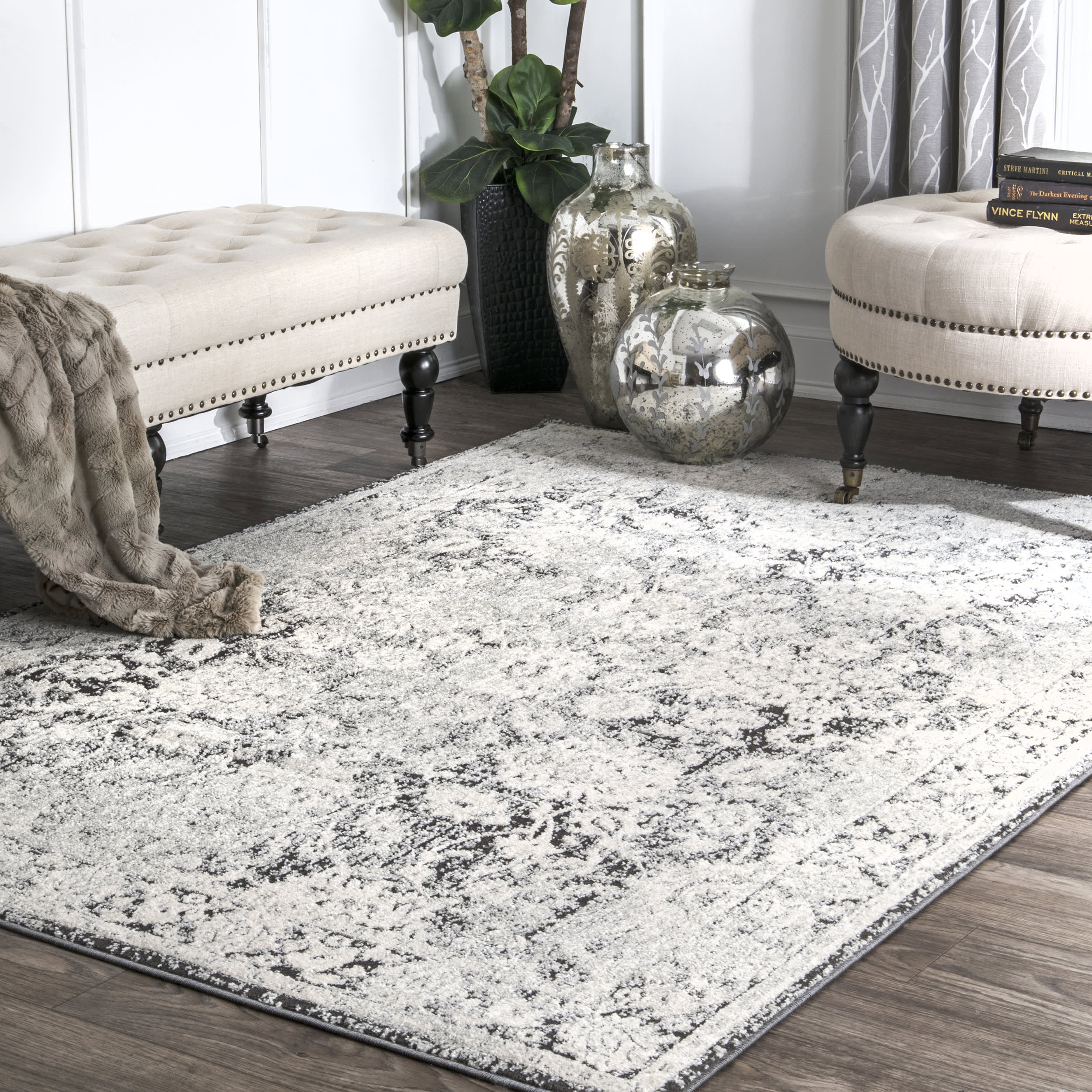 Floral Silhouette Area Rug - Ivory Bohemian Style Non-Slip Living Room Carpet for Bedroom, Nursery & Home Decor