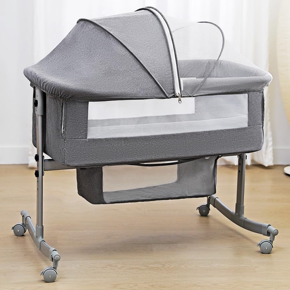 UIUWOO 3-in-1 Adjustable Baby Bassinet & Bedside Crib with Mosquito Net - Large Curvature Cradle, Portable Infant Sleeper (Safety Certified) - Perfect for Newborns, Nursery, Co-Sleeping & Travel