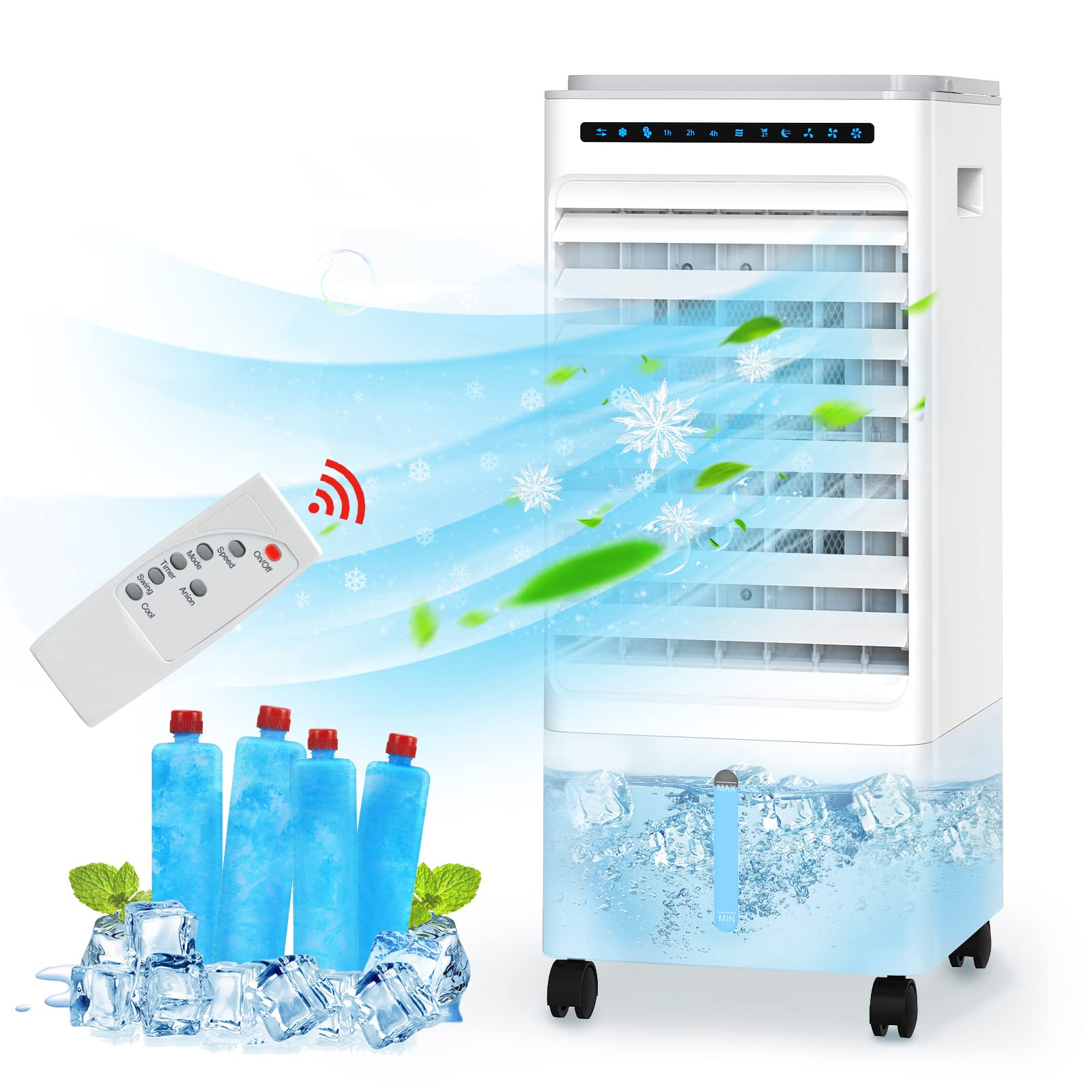 4-in-1 Portable Air Conditioner & Evaporative Cooler - 5L Capacity, 3 Modes & Speeds, 7H Timer, 90° Oscillation, Remote Control - Quiet Swamp Cooler for Home, Office, Bedroom, Living Room (Ideal for Summer Cooling, Small Spaces & Energy Efficiency)