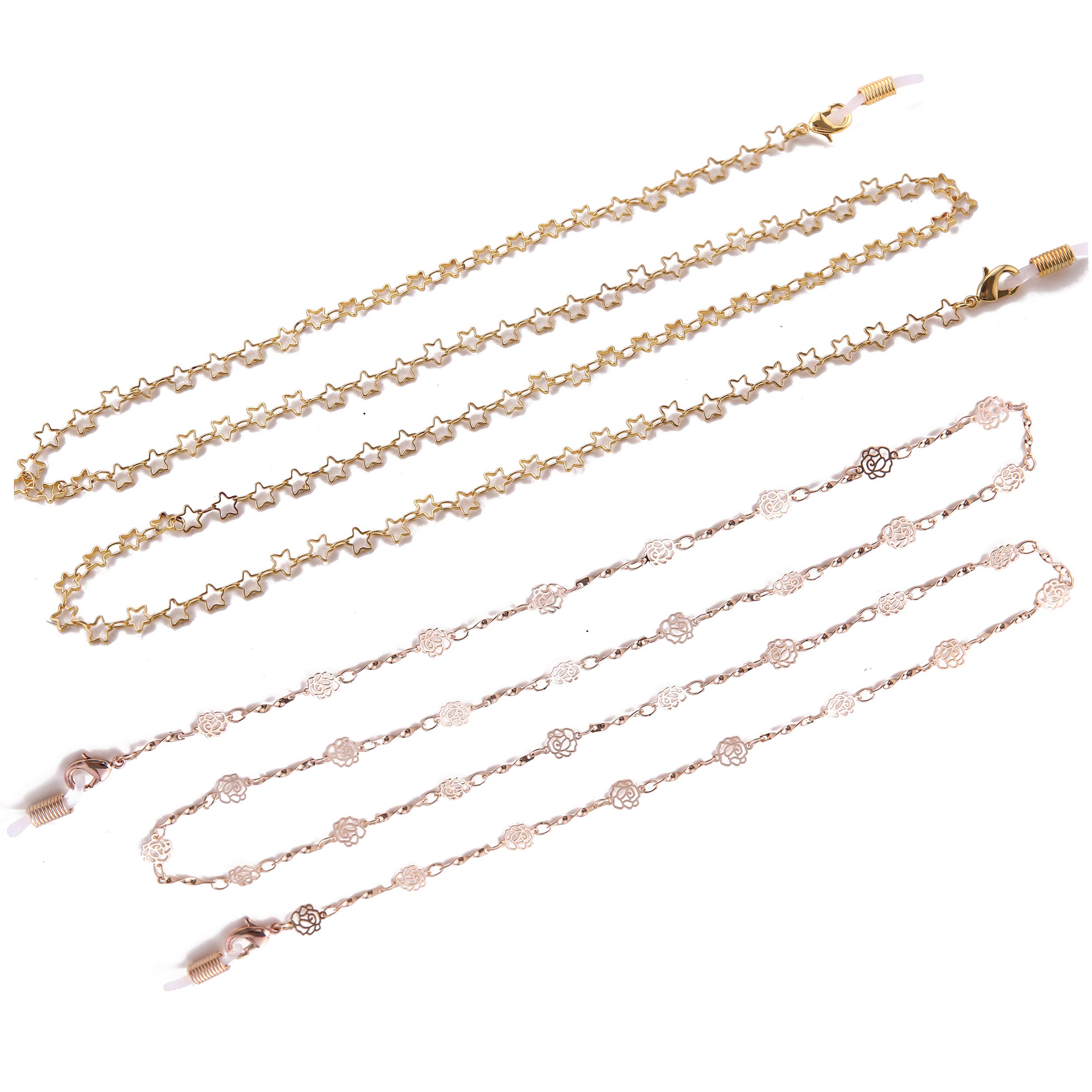 TEAMER Fashion Star & Rose Eyeglass Chain Set - Gold & Rose Gold Sunglass Strap for Women & Girls | Glasses Holder for Reading, Driving & Daily Use