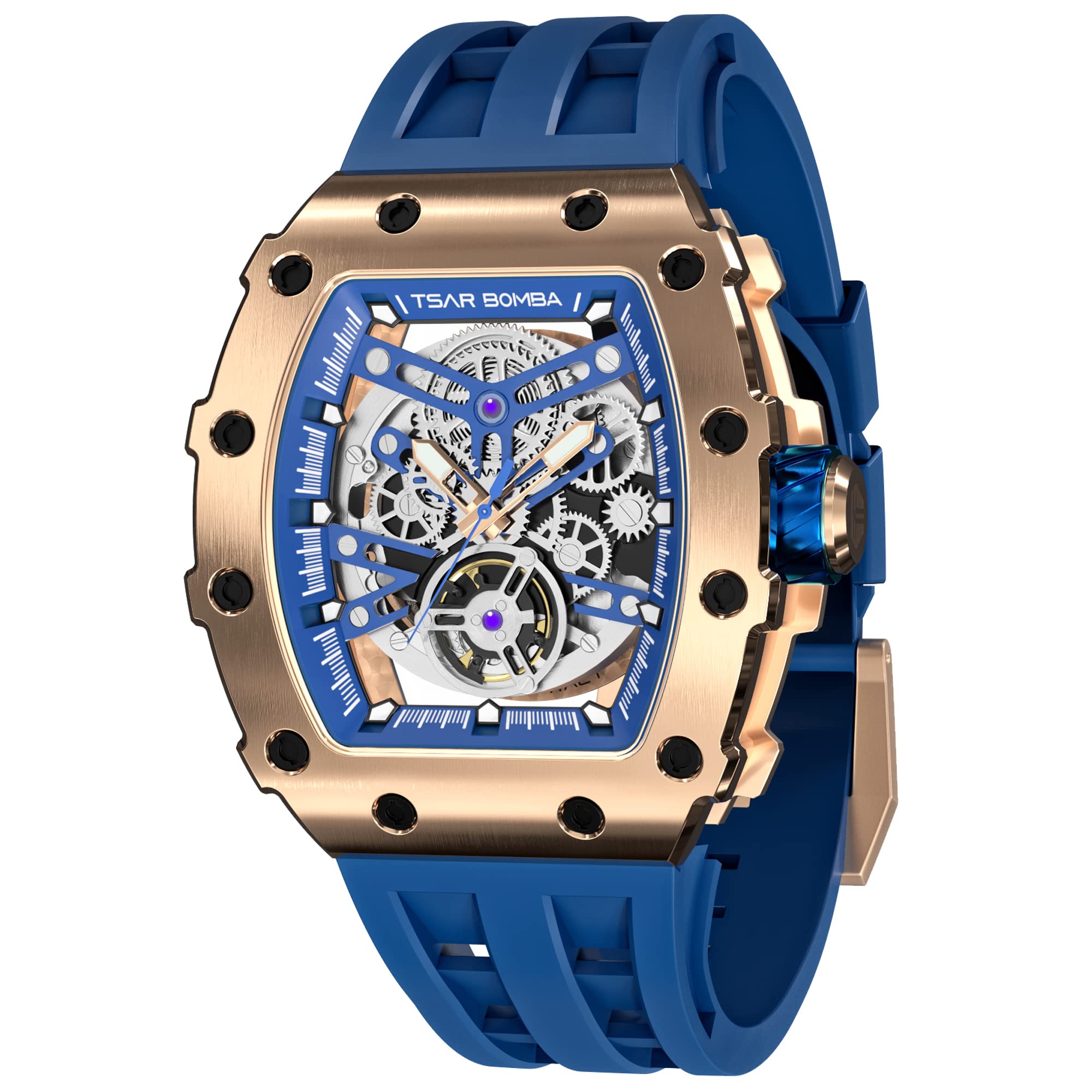 TSAR BOMBA Men's Automatic Skeleton Watch - Luxury Mechanical Tonneau Watch with 50M Waterproof, Big Square Dial & Silicone Strap - Perfect for Business, Formal Events & Everyday Wear