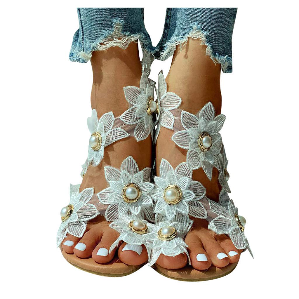 Women's Floral Lace Flat Sandals - Open Toe Boho Roman Sandals for Summer, Beach & Casual Wear - Comfortable Dressy Sandals for Outdoor Walking, Vacation & Date Nights