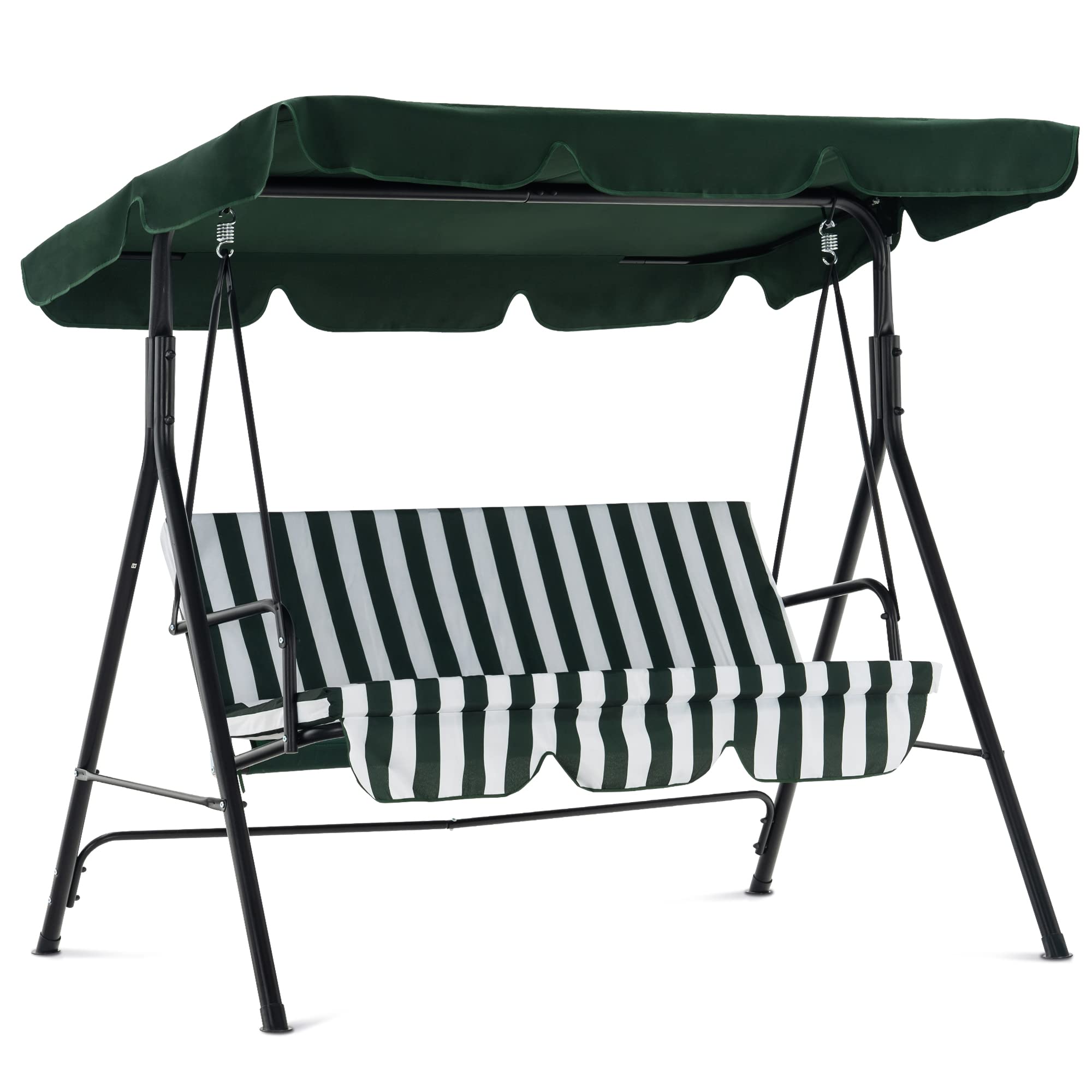 MCombo 2-3 Person Outdoor Patio Swing Chair with Canopy & Steel Stand - Removable Cushions, Weather-Resistant - Perfect for Backyard, Garden, Balcony, Porch (Green & White Stripes) | Relaxing, Lounging & Outdoor Decor