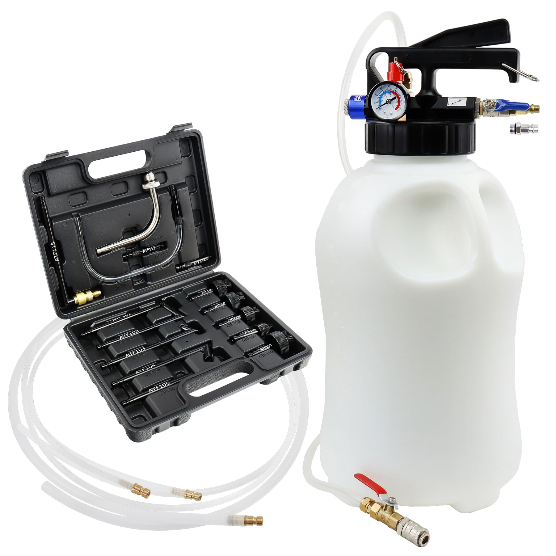 JoyFans 10L Pneumatic Transmission Fluid Pump - Oil Extractor and Dispenser Tool Kit with 15PCS ATF Adapters for Garage, Shop & Vehicles - Ideal for Gearbox Oil Transfer, Refilling and Evacuation - Perfect for DIY Car Maintenance, Fleet Servicing and Professional Automotive Workshops