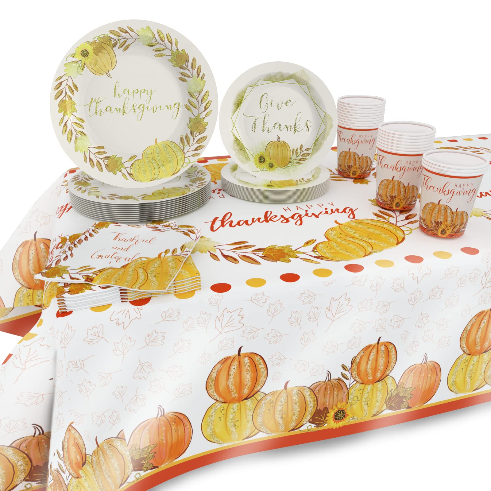 Thanksgiving Disposable Tableware Set - 24-Pack Paper Plates, Cups, Napkins & Plastic Tablecloth for Thanksgiving Dinner Decorations | Perfect for Holiday Parties, Family Gatherings & Festive Celebrations