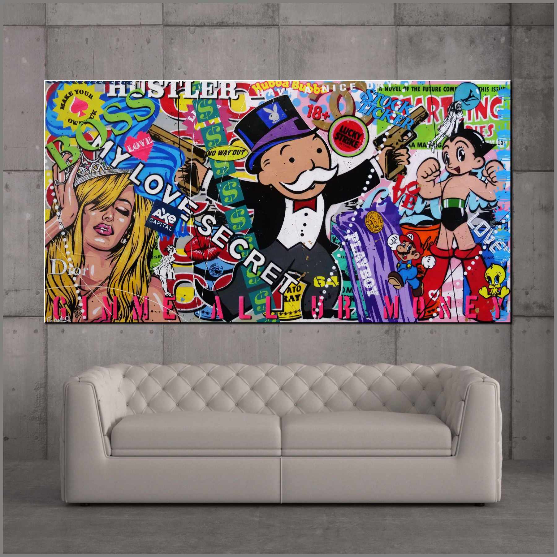 Lucky Strike Monopoly Man Textured Urban Pop Art Canvas Painting - 190cm x 100cm Large Wall Decor for Game Room, Office & Modern Home