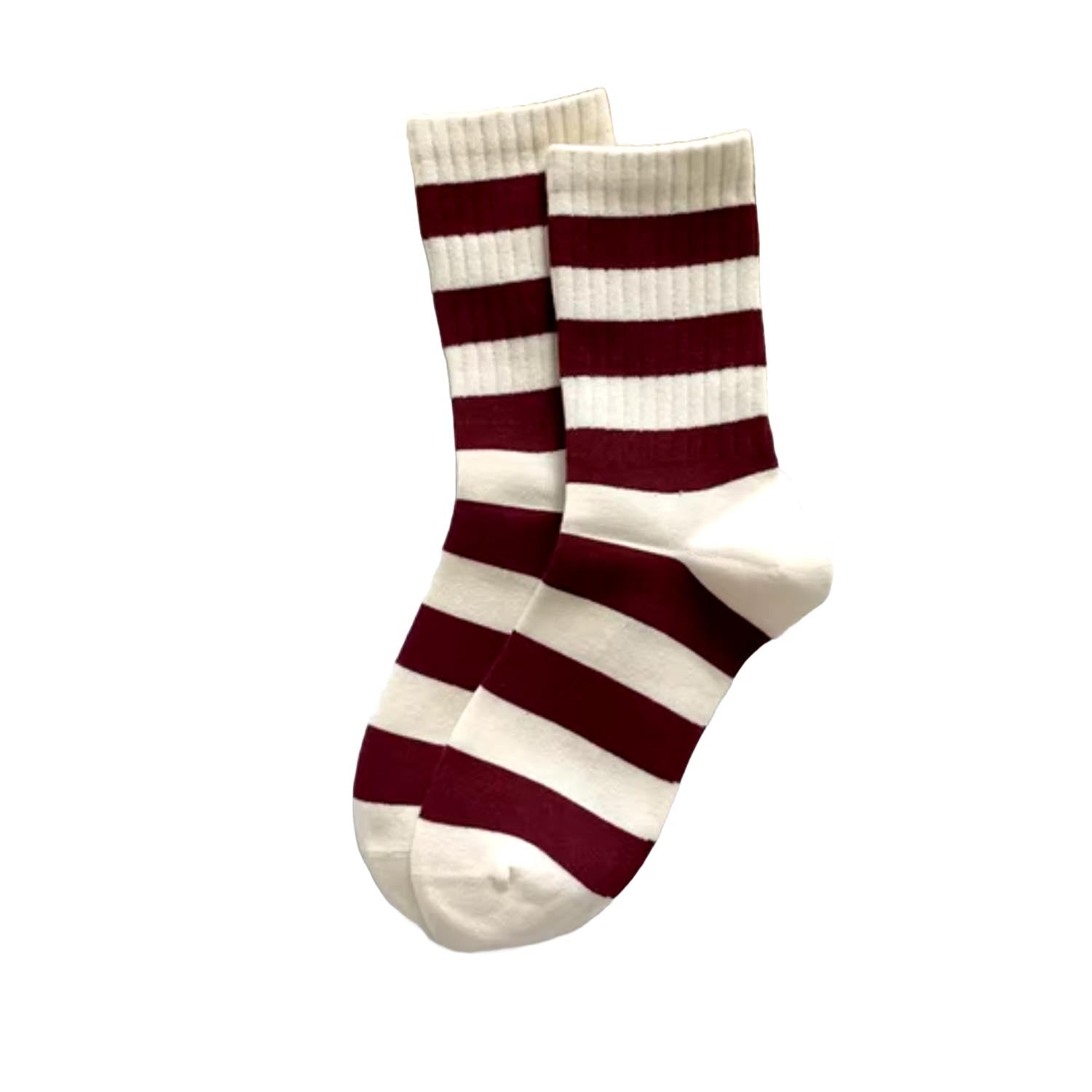 FLOOF Cotton Crew Socks for Women & Men - Soft Burgundy Striped Casual Socks - Perfect for Daily Wear, Home & Office Comfort