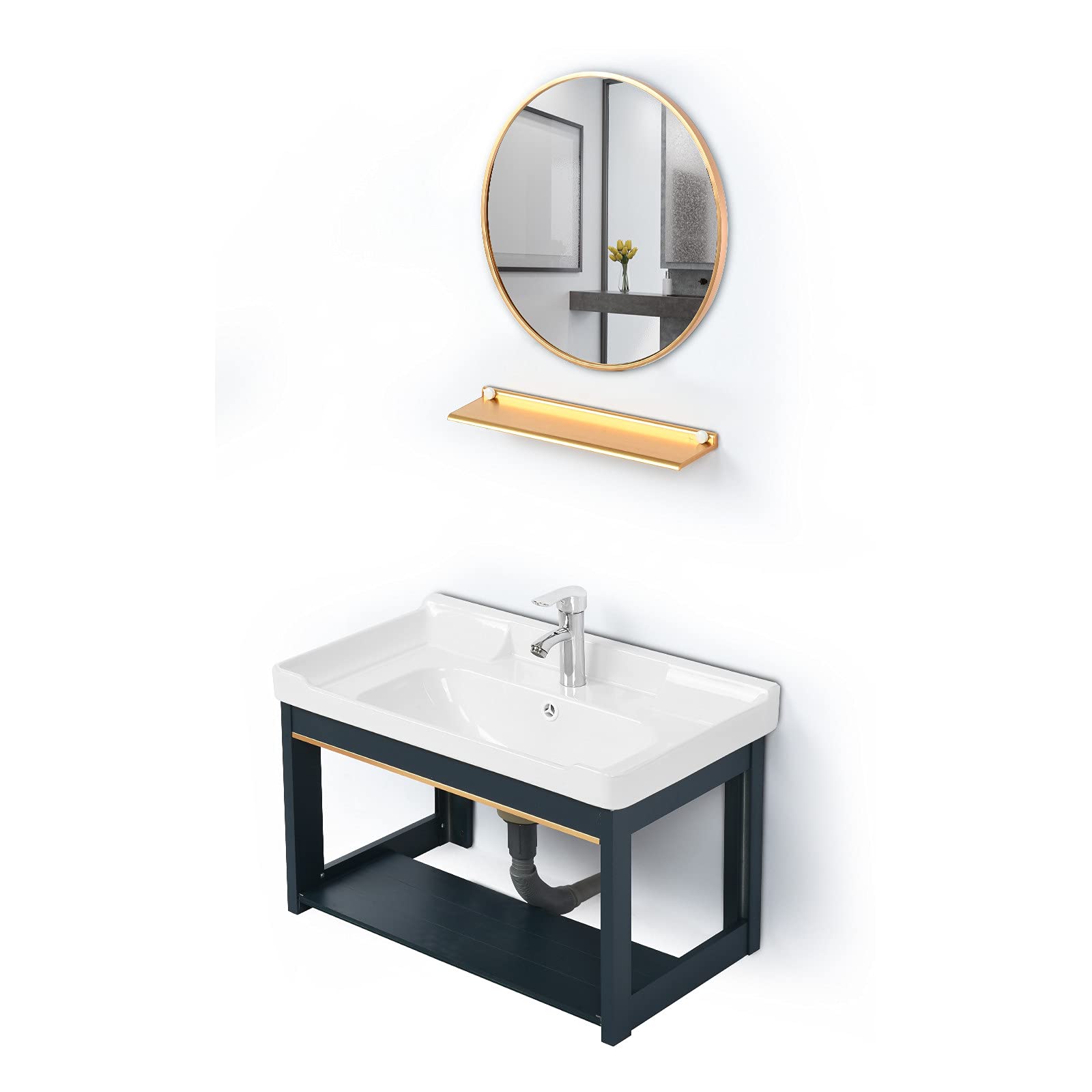 Visdron 24-Inch Wall-Mounted Bathroom Cabinet with Sink & Mirror - Space Saving Aluminum Storage Organizer for Makeup, Jewelry & Toiletries (Blue) - Perfect for Small Bathrooms, Apartments & Vanities