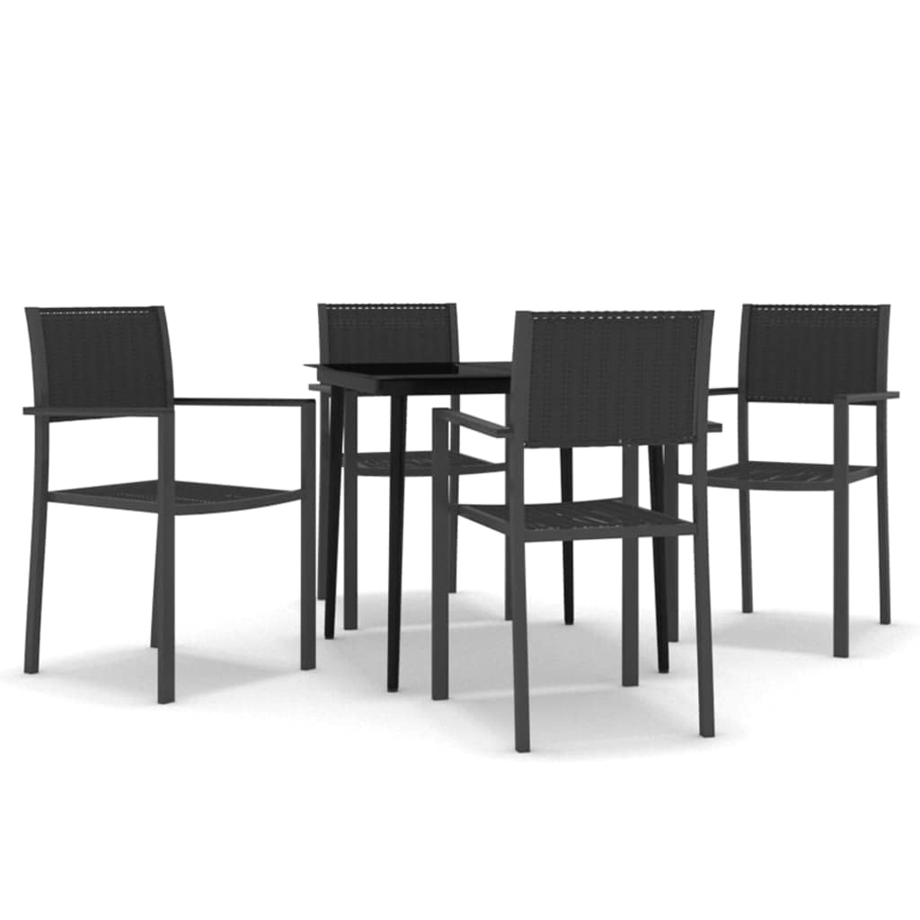 vidaXL 5-Piece Black Patio Dining Set with Glass Tabletop - Powder-Coated Steel Outdoor Furniture with 4 Rattan Chairs for Garden, Balcony, Backyard - Perfect for Outdoor Entertaining & Relaxation