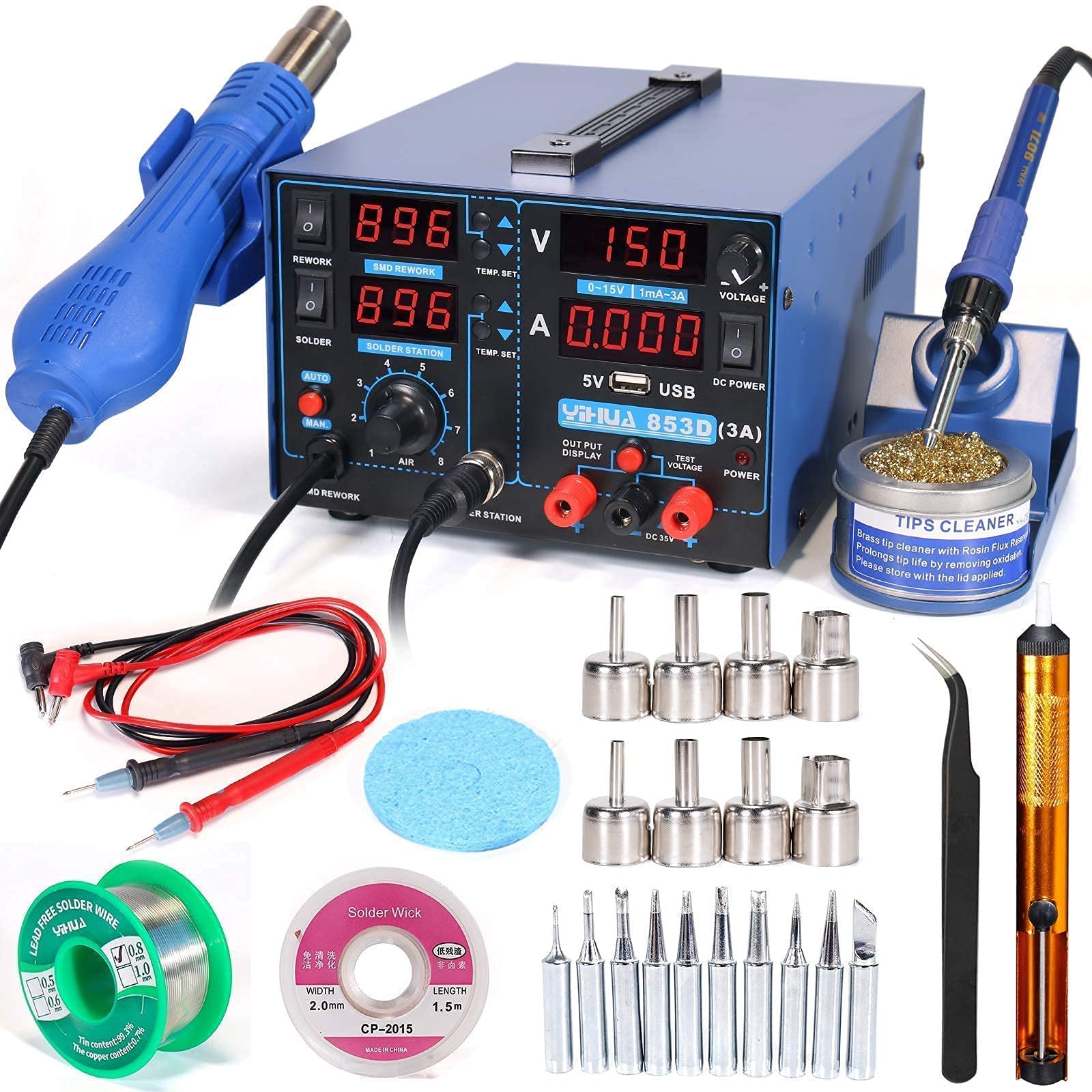 YIHUA 853D 3A USB Professional Soldering Station with Hot Air Rework, Power Supply & 28-Piece Accessories Kit - Includes #2300 Nozzles, Iron Holder & Cleaning Tools for Electronics Repair, DIY Projects & PCB Work