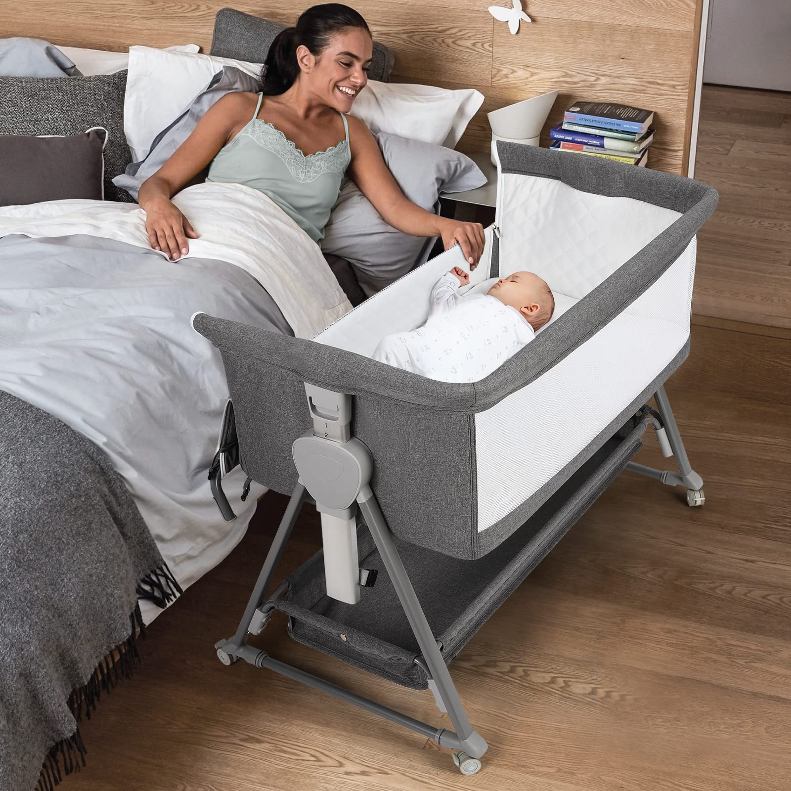 Cowiewie Adjustable Baby Bassinet Bedside Sleeper - 7 Height Levels, Breathable Mesh Sides & Mattress, XL Storage, Foldable Crib for Newborns (Pyramid Dark Gray) | Perfect for Nursery, Bedroom Co-Sleeping & Travel