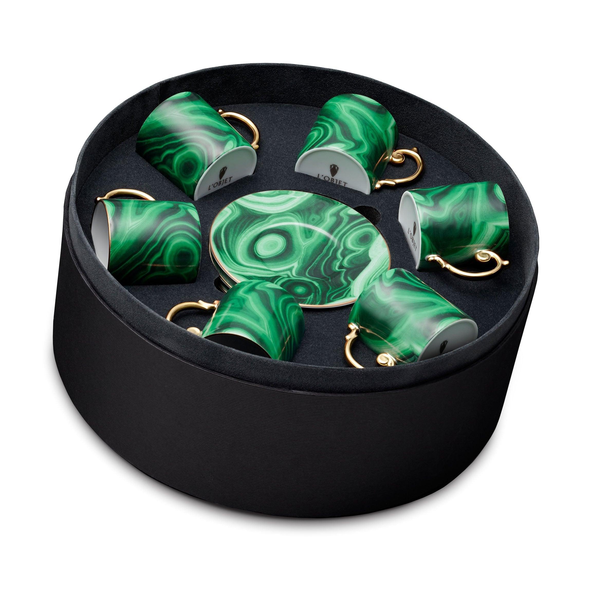 Premium Malachite Espresso Cup & Saucer Set - 6 Piece Stoneware Coffee Cups with Elegant Green Glaze - Perfect for Italian Coffee, Espresso Bars & Home Café Decor