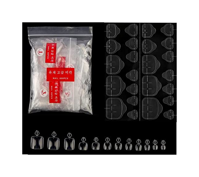 SHILLS PROFESSIONAL 600 Pcs Clear False Toe Nails with 25 Sheets Adhesive Tabs - Natural Looking Artificial Toenails for Pedicure, Salon & Home Manicure