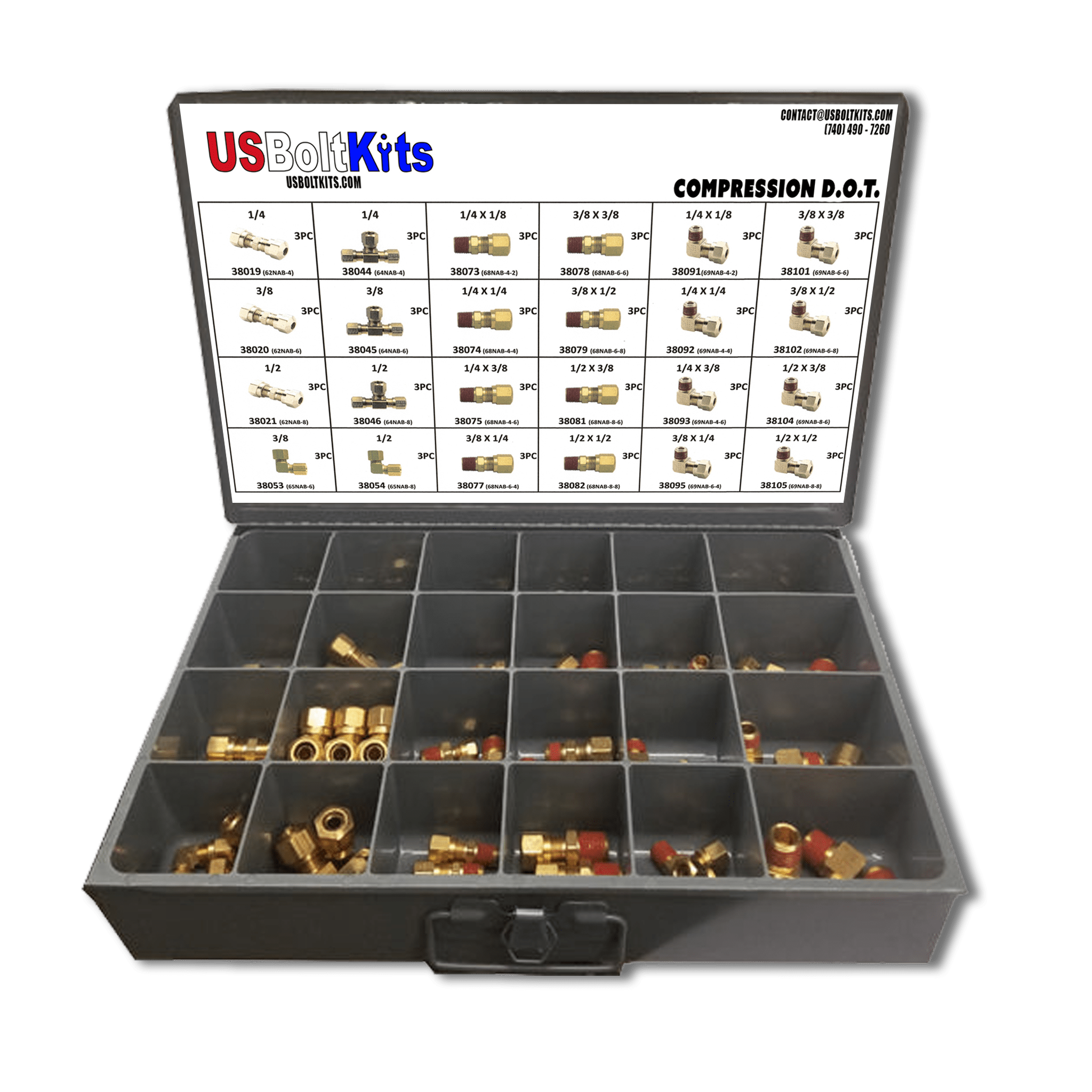 D.O.T. Compression Fittings Drawer Assortment Kit - Brass Air Line Fittings for Pneumatic Systems - Perfect for Plumbing, HVAC, and Automotive Repair Applications