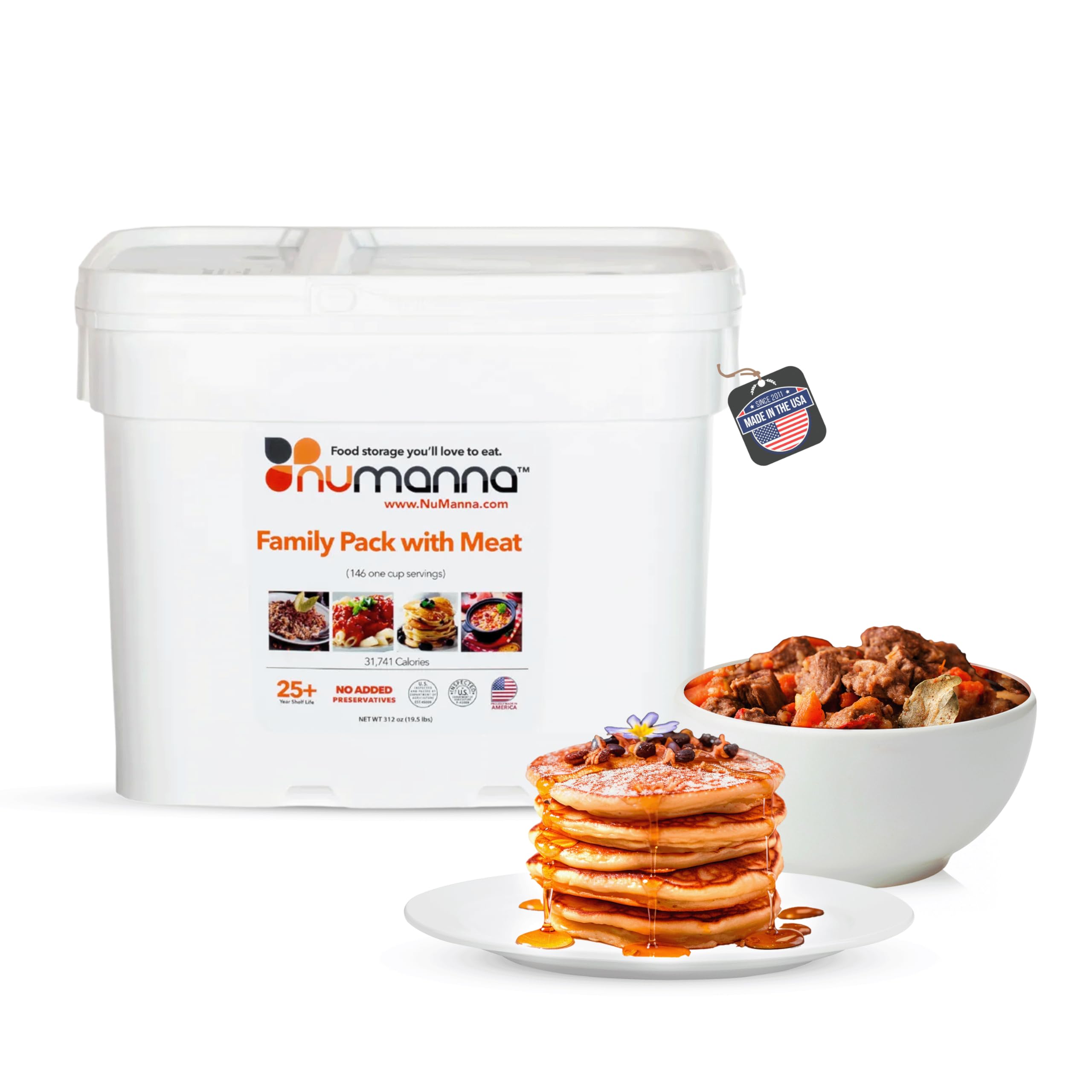Numanna Family Pack with Meat Bucket - 146 Servings Emergency Food | Made in USA | No Preservatives | 25+ Year Shelf Life | 31,741 Calories | Easy to Prepare | Survival & Camping Food for Outdoor Adventures