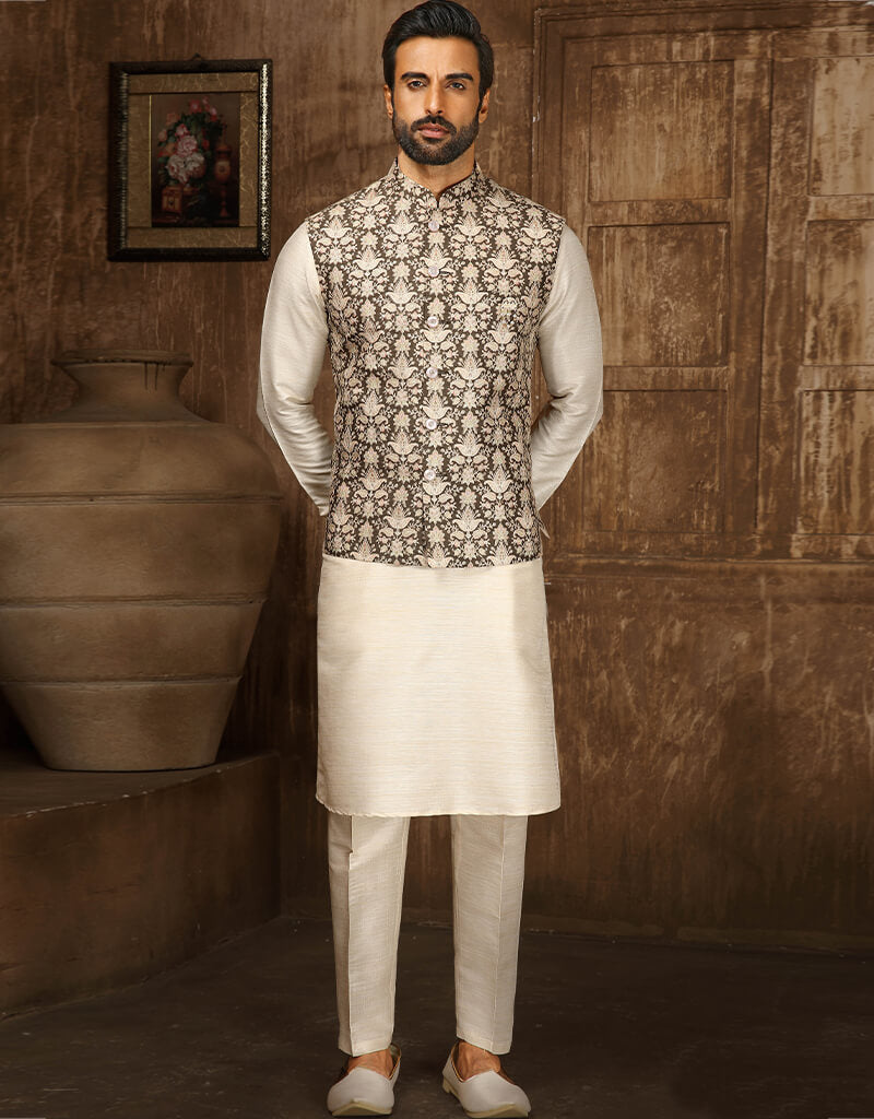 Elegant Cream Kurta with Digital Print & Single Thread Work - Matching Aligadhi Pant Set for Women | Perfect for Festivals, Weddings & Ethnic Occasions