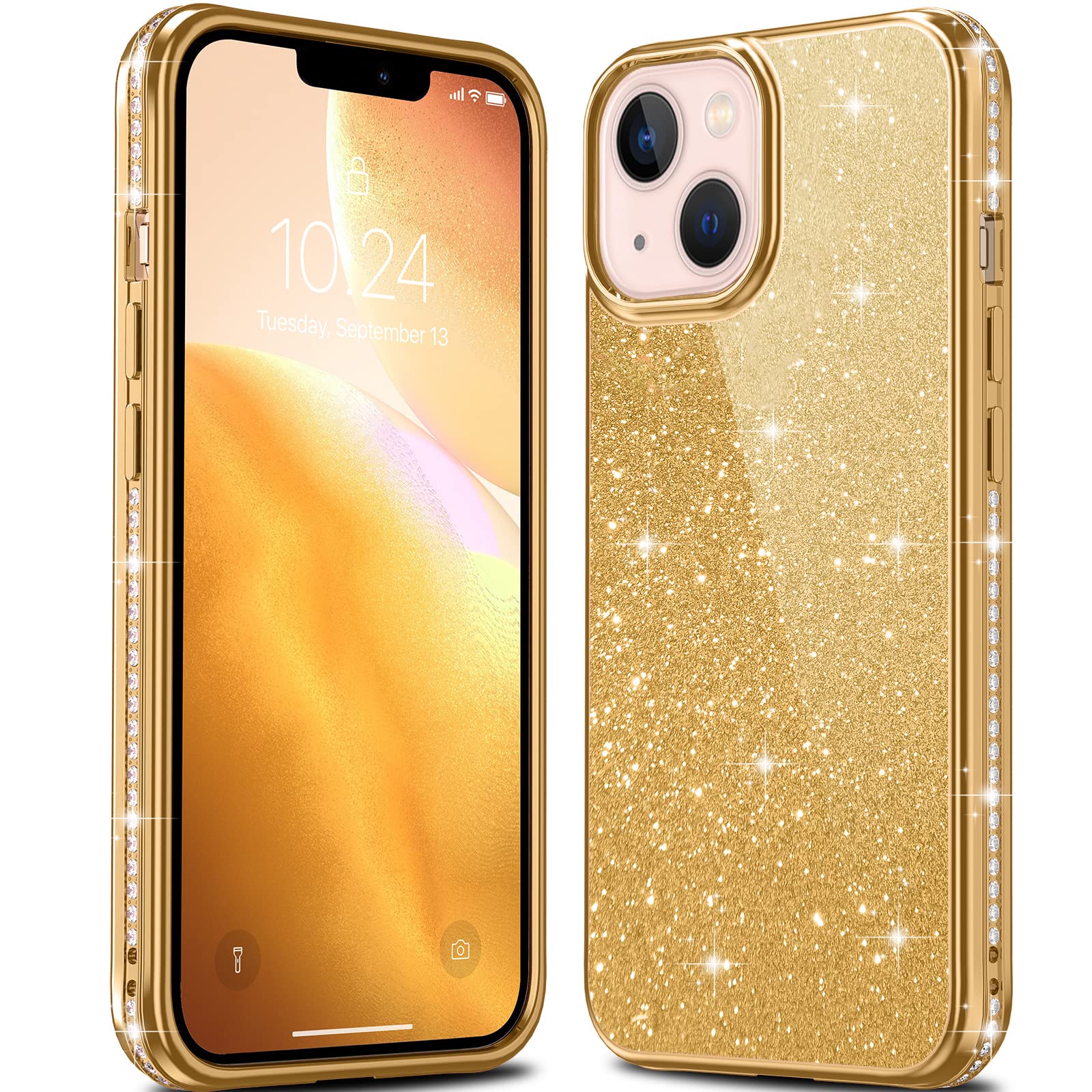 Sparkly Glitter Luxury Diamond iPhone 13 Case - Cute Bling Shockproof Protective Cover for Women & Girls | Anti-Scratch Slim Fit Design | Perfect for Parties, Daily Use & Gift Giving - Gold