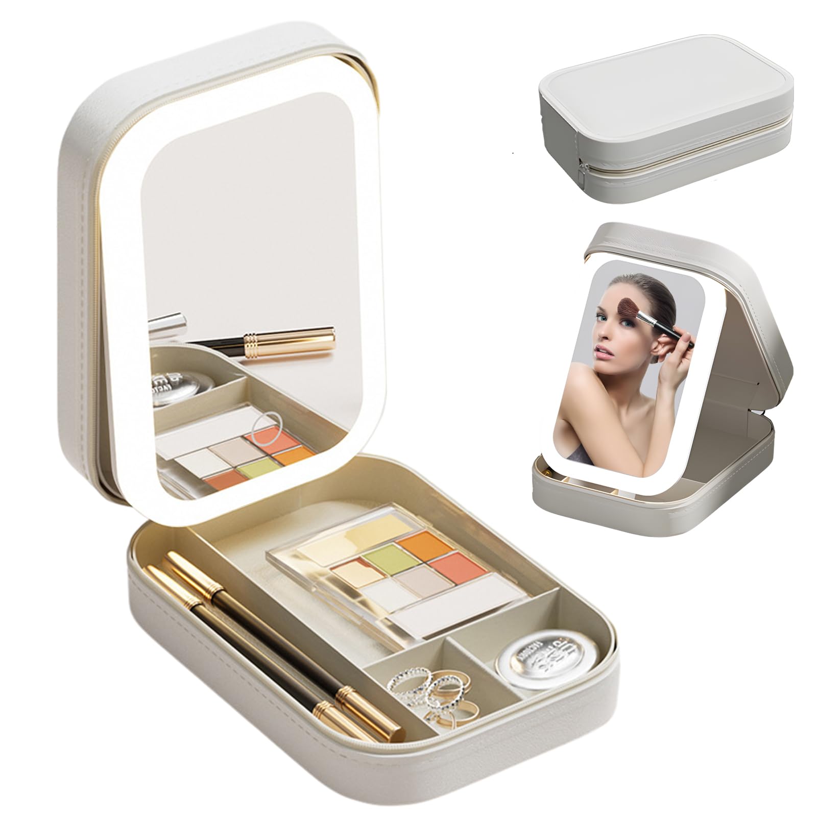 LED Makeup Bag with Mirror & Light - Portable Travel Cosmetic Case for Women, Waterproof & Durable - Perfect for Travel, Home, and On-the-Go Touchups (Beige) - Ideal Gift for Girls & Women