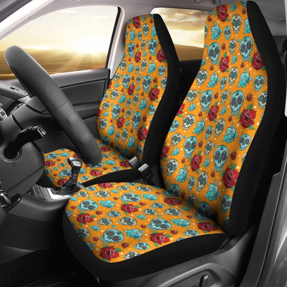 2 Pcs Floral Sugar Skull Day of The Dead Car Seat Covers - Mexican Style Decor for Halloween & Dia de Los Muertos - Perfect for Cars, Trucks & SUVs