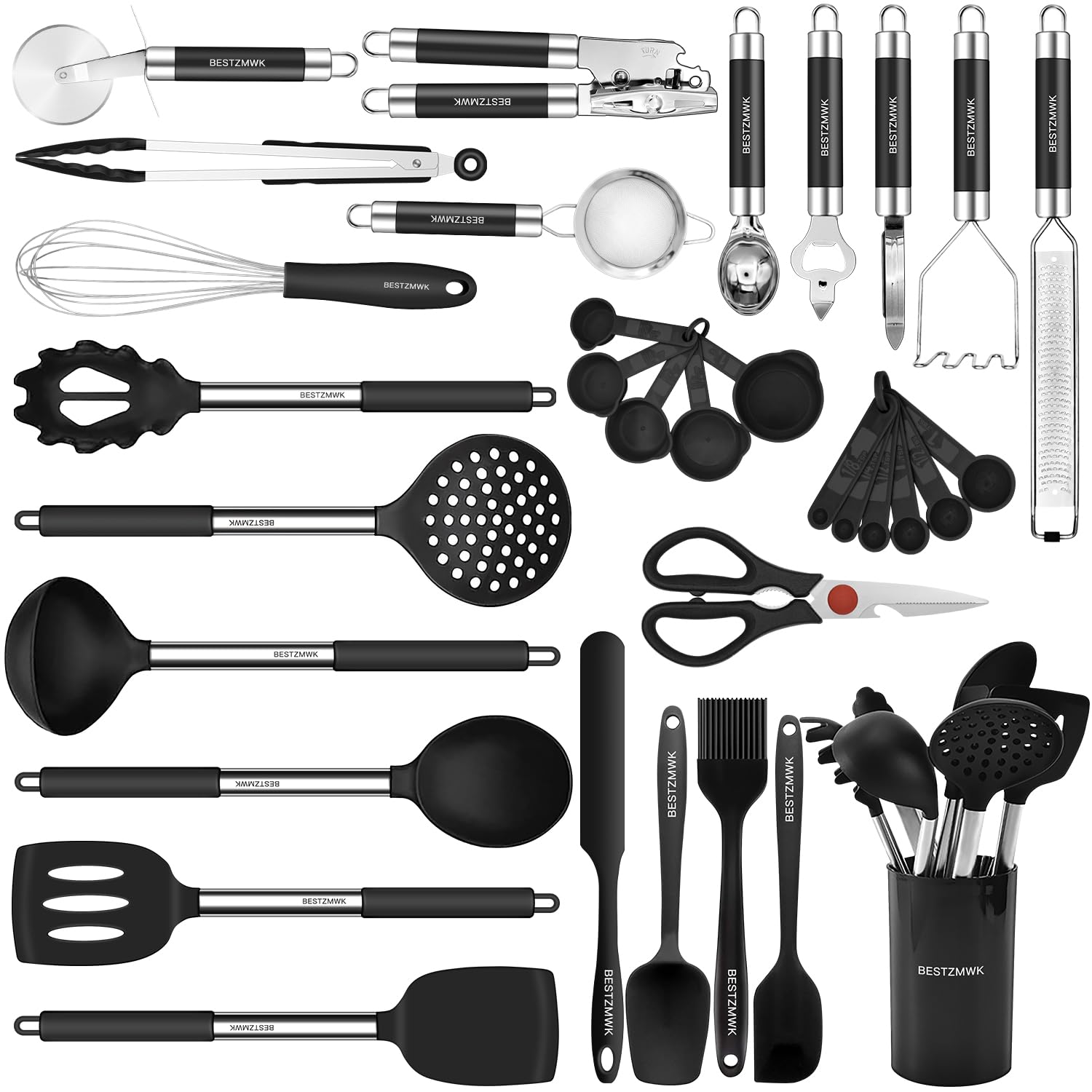 32-Piece Non-Stick Silicone Kitchen Utensil Set with Stainless Steel Handles & Holder - Spatula, Turner, Spoon & More - Perfect for Cooking, Baking & Serving - Black