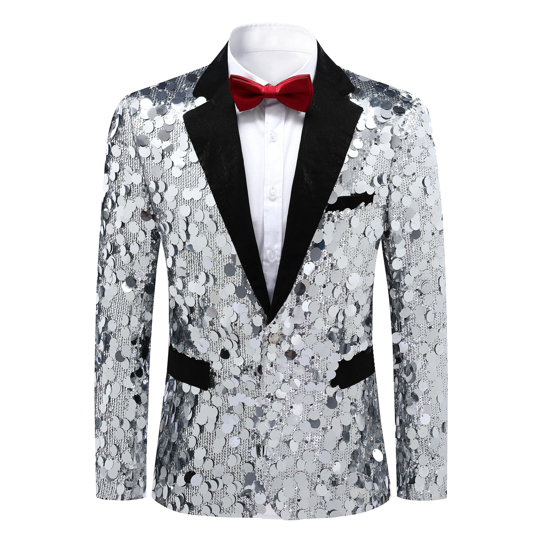 Men's Silver Sequined Single Button Blazer Jacket - Stylish Formal Wear for Parties, Weddings & Special Occasions