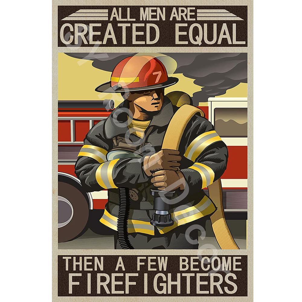 Firefighter Inspirational Wall Art - 'All Men Are Created Equal' Motivational Quote Canvas Poster for Living Room, Bedroom & Office Decor - 8x12 Inch Hippie Style Home Decor (No Frame) - Perfect for Gifts, Man Cave, or Fire Station Tribute