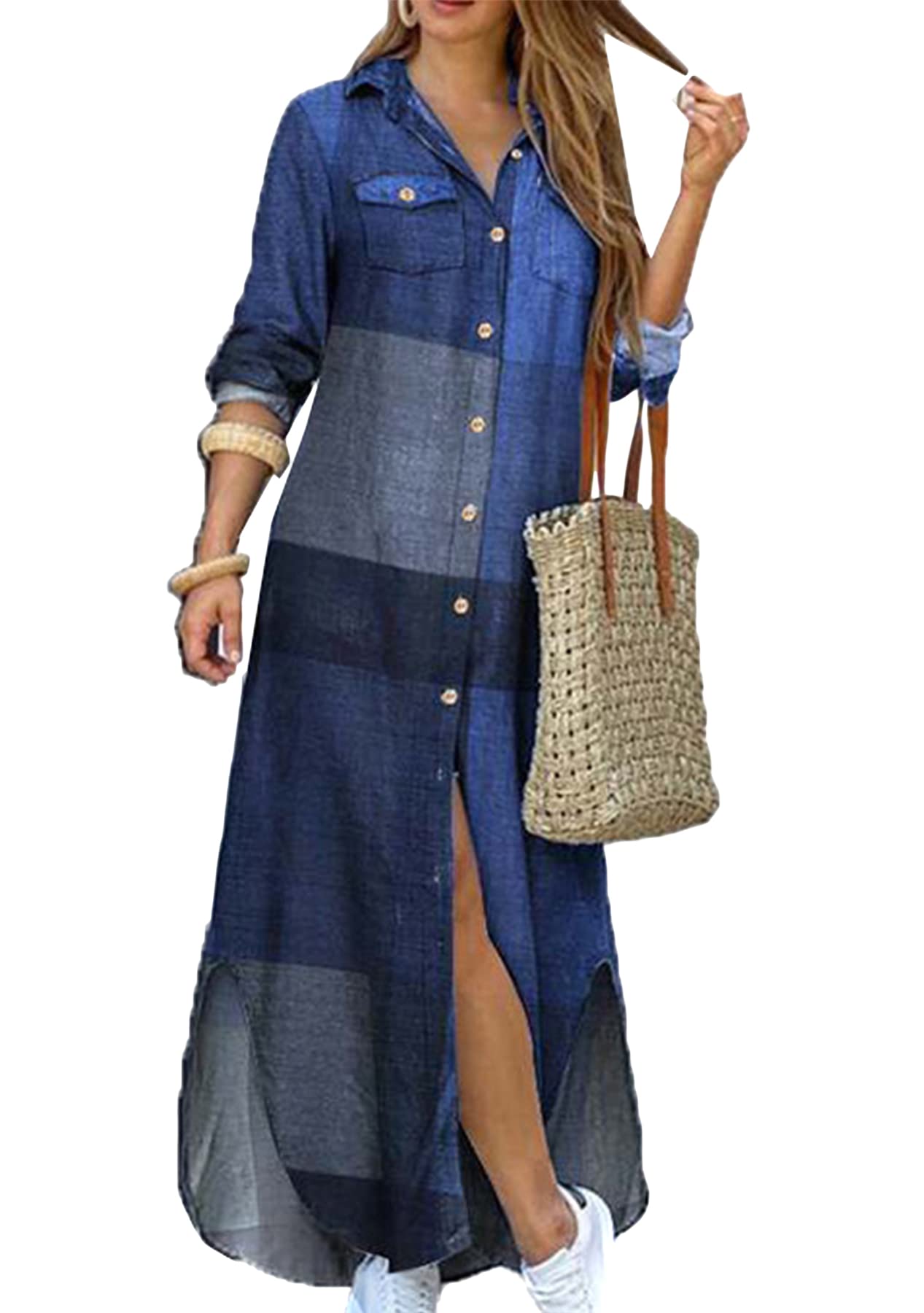 GRASWE Women's V-Neck Button Down Maxi Dress - Stylish Casual Long Sleeve T-Shirt Dress with Pockets | Perfect for Office, Date Night & Spring Outfits
