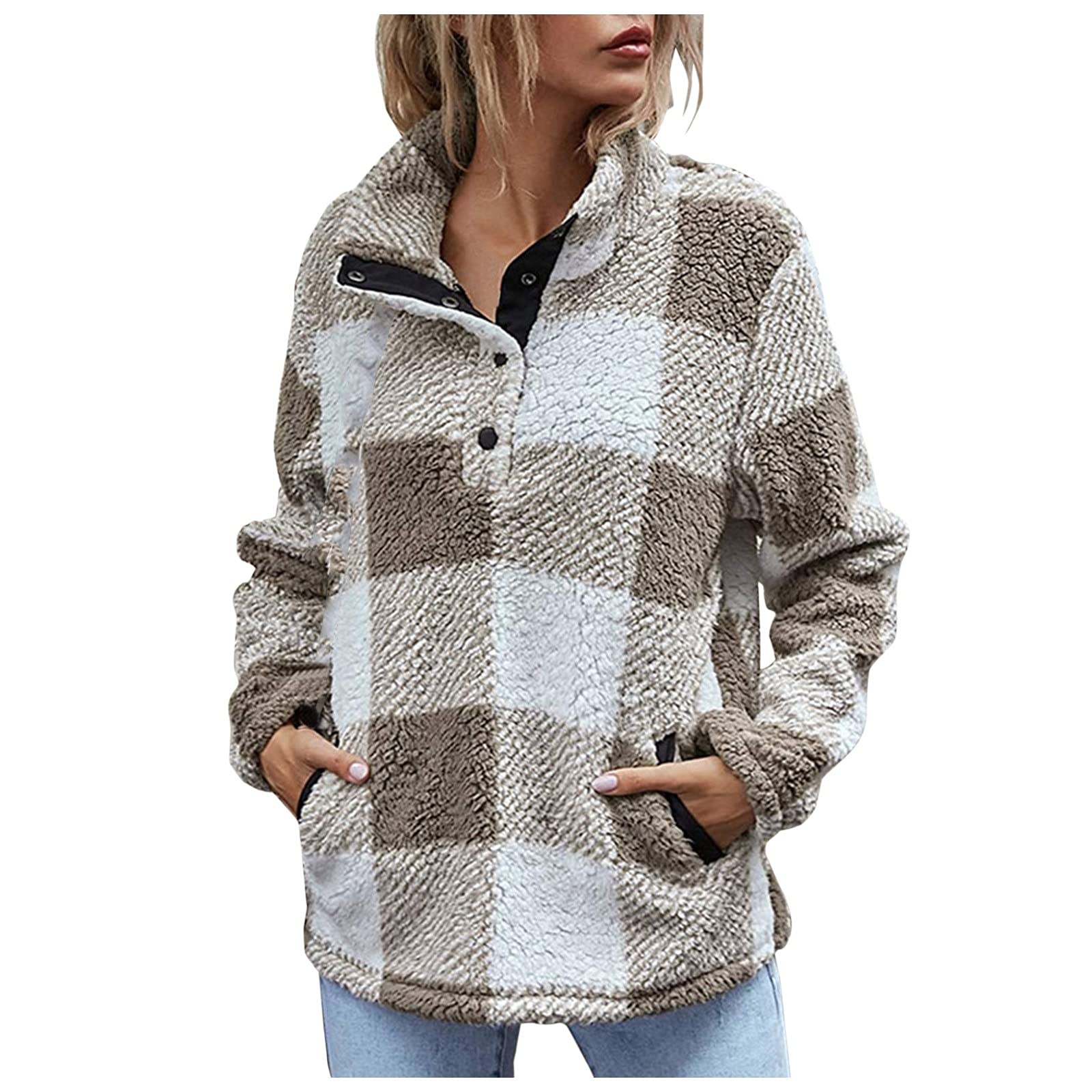 Women's Winter Plaid Fuzzy Jacket - Warm Button-Up Pullover Coat with Pockets | Cozy Outerwear for Cold Weather, Casual Outings & Holiday Fashion