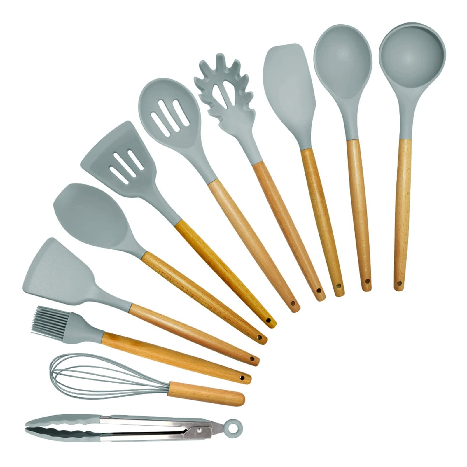 HUACHEN-LS 11-Piece Silicone Cooking Utensil Set - Non-Stick Spatula, Wooden Handle Kitchen Tools with Storage Box (Gray) - Perfect for Baking, Frying & Everyday Cooking