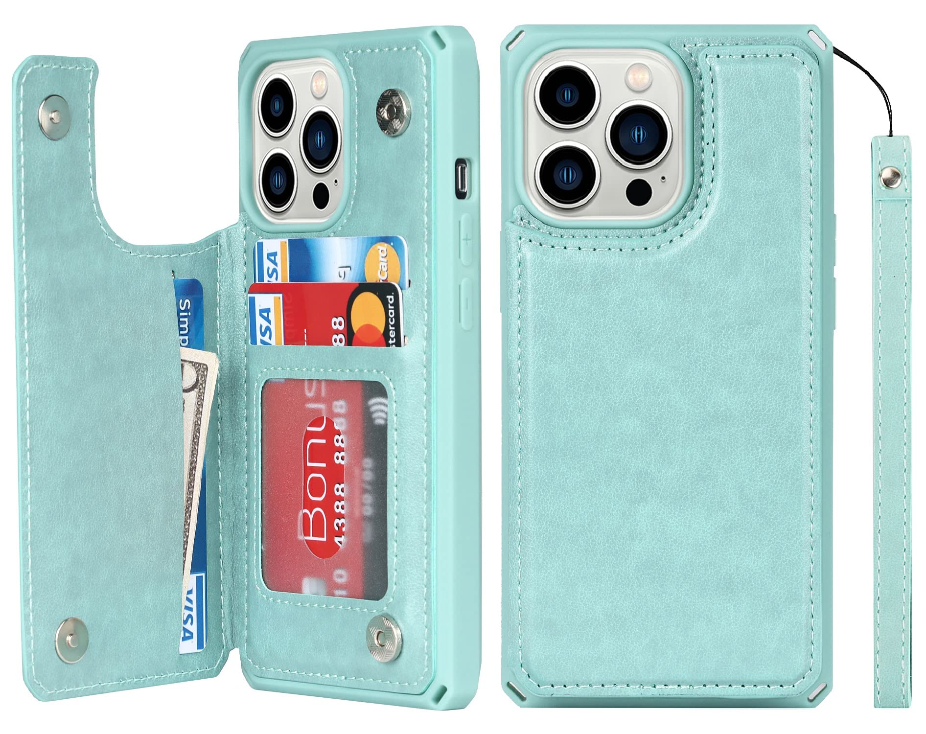 iCoverCase iPhone 13 Pro Wallet Case with Card Holder & RFID Blocking - PU Leather Wrist Strap Phone Cover for Women (6.1 Inch, Macaron Mint) - Perfect for Everyday Use, Travel & Secure Contactless Payments
