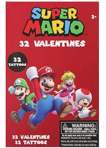 Super Mario 32 Valentine's Day Cards with Temporary Tattoos & Heart Seals - Perfect for Classroom Exchanges, Kids' Parties & Mario Fan Gifts