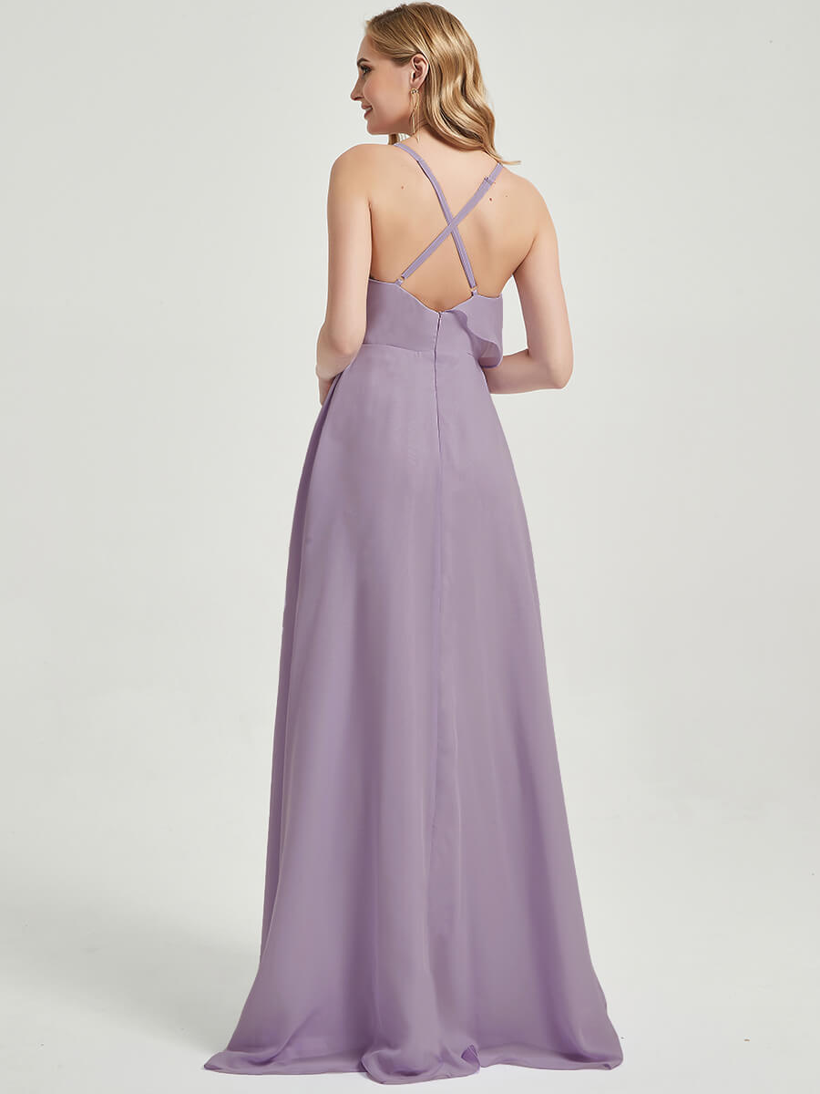 Elegant Dusty Purple Chiffon Bridesmaid Dress with Criss Cross Straps, Ruffles & High Slit - Perfect for Weddings, Parties & Formal Events