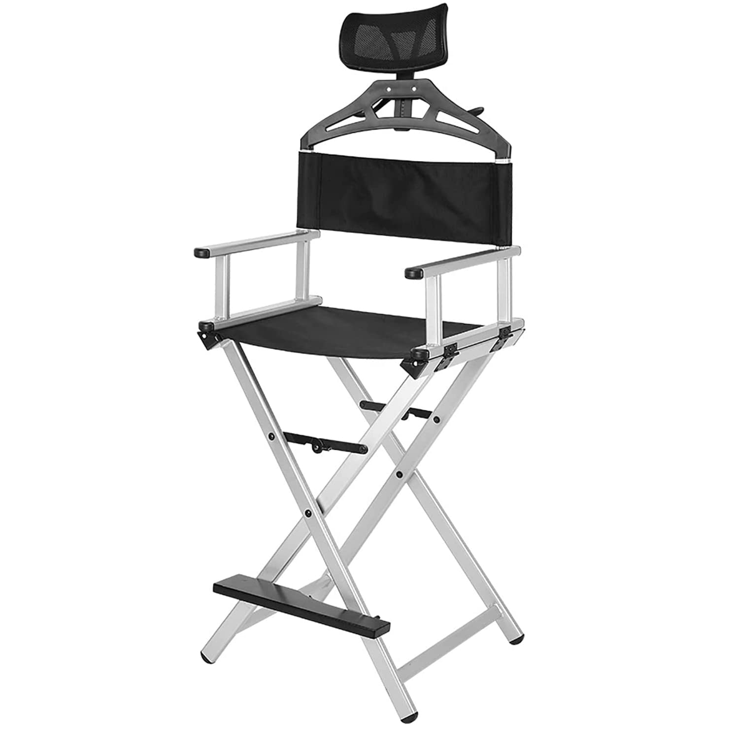 Professional Makeup Artist Chair with Adjustable Headrest - Portable Folding Director's Chair - Lightweight Aluminum Frame - Perfect for Salon, Film Set & Home Makeup Studio (Silver)