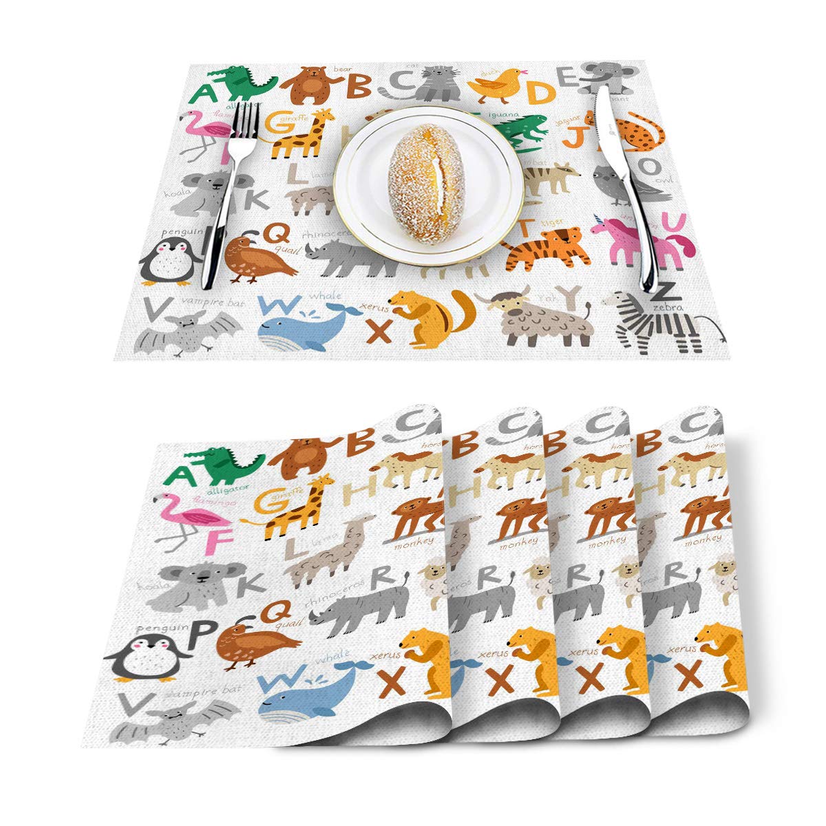 ABC Learning Alphabet Placemats Set of 4 - Educational Cotton Linen Table Mats for Kids with Non-Slip & Heat Resistant Design - Perfect for Holiday Dining, Birthday Parties and Classroom Learning Activities