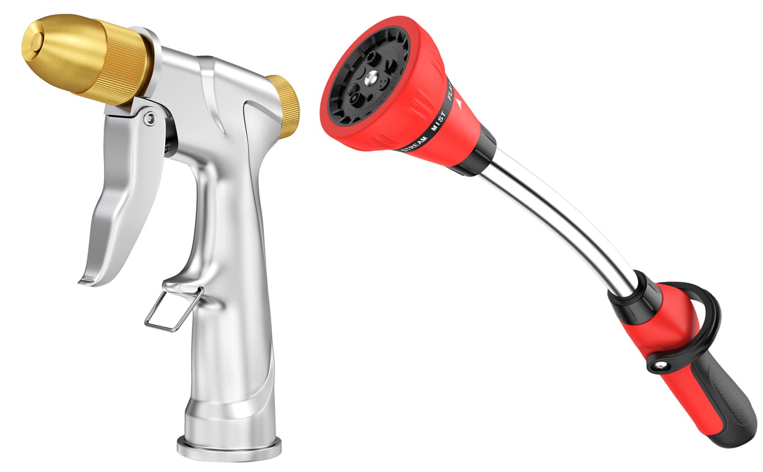 ESOW 100% Metal Garden Hose Nozzle & Watering Wand Set - Heavy Duty Silver Spray Nozzle for Outdoor Plants, Lawn, Car Washing - 2 Pack Durable Garden Tools