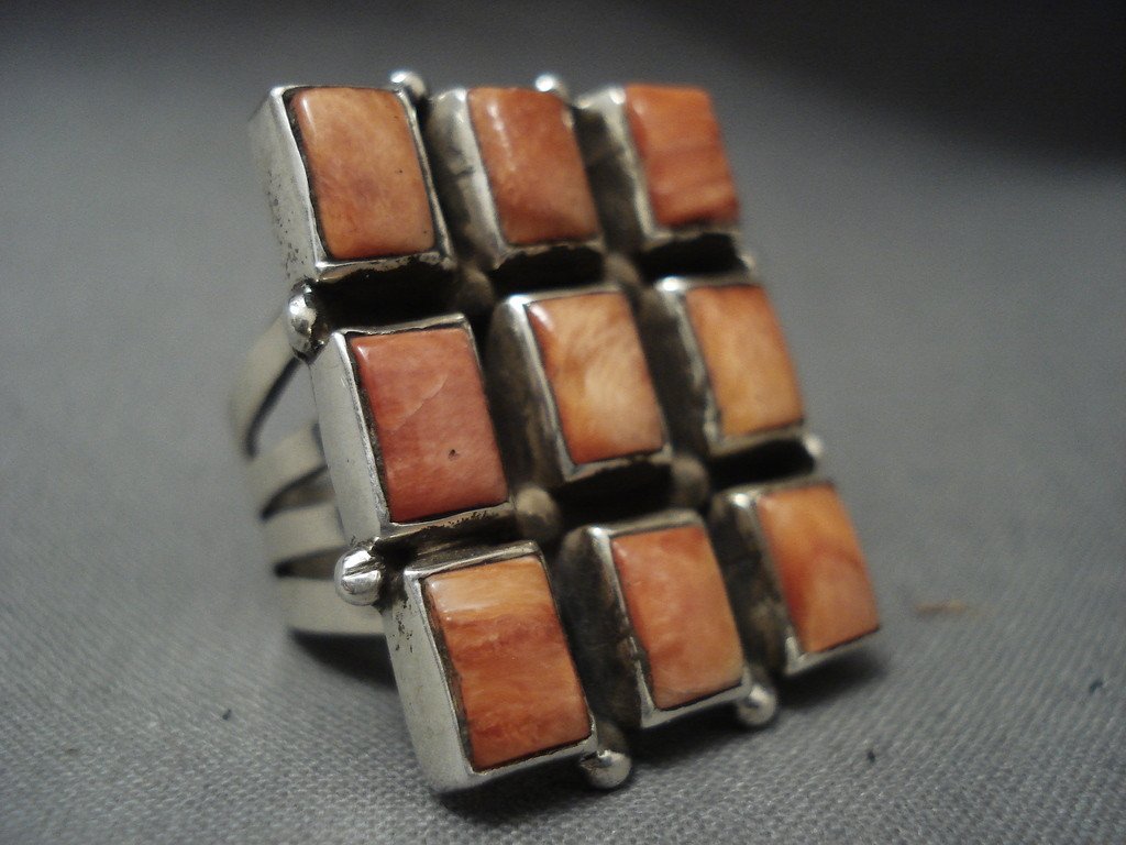 Navajo Ray Adakai Squared Spiny Oyster Sterling Silver Ring - Authentic Native American Jewelry for Women, Handcrafted Southwest Style Statement Piece for Boho Fashion & Special Occasions