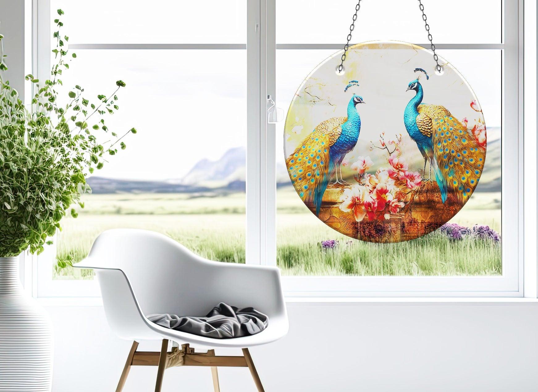Blue Peacock Suncatcher - Handmade Glass Window Decor for Home & Garden - Perfect for Living Room, Bedroom, Office Decor