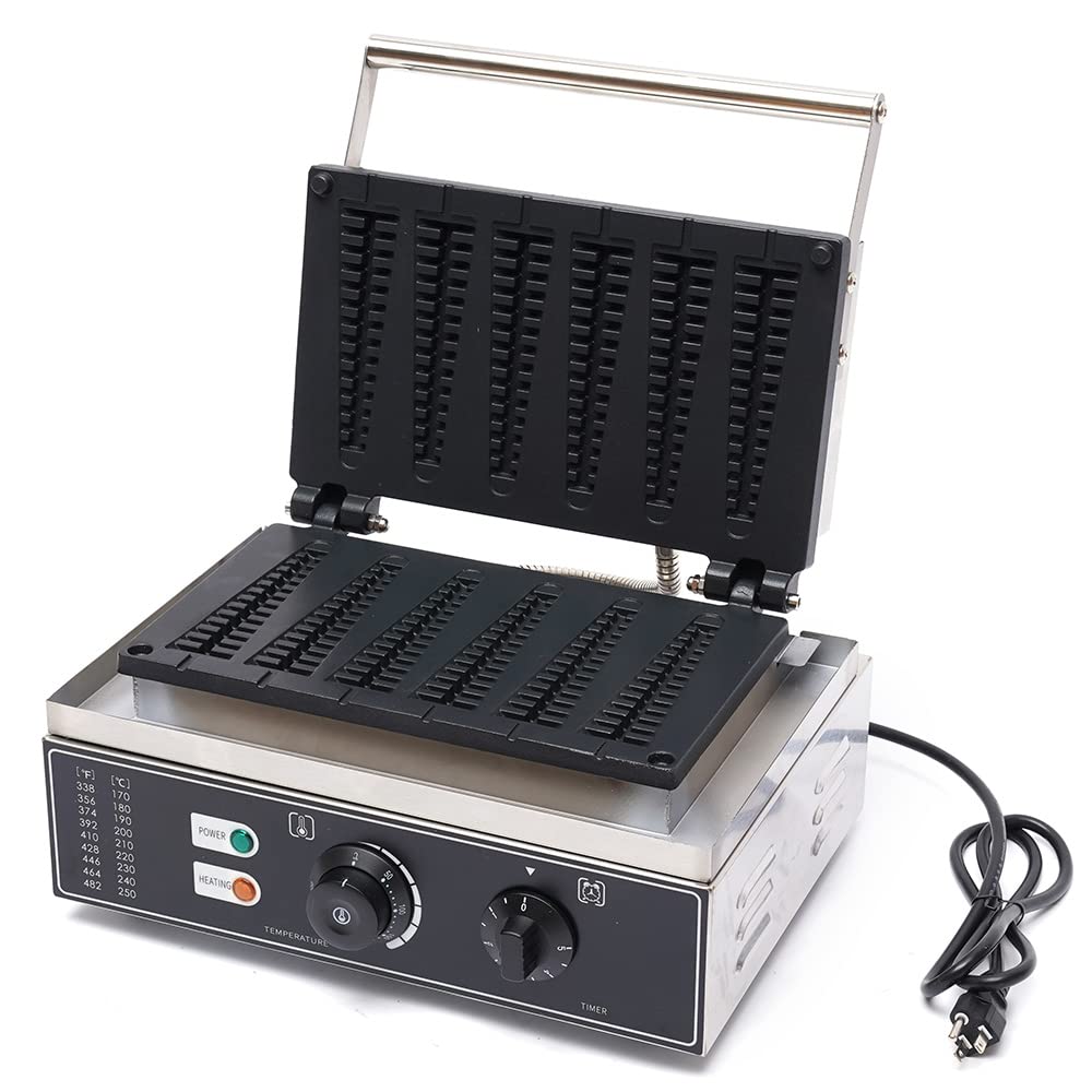 Commercial Electric Stick Waffle Maker Machine - 6 Non-Stick Pans 110V 1550W with Time & Temp Control - Stainless Steel Hot Dog & Bread Baker for Restaurants, Cafes, and Home Breakfast