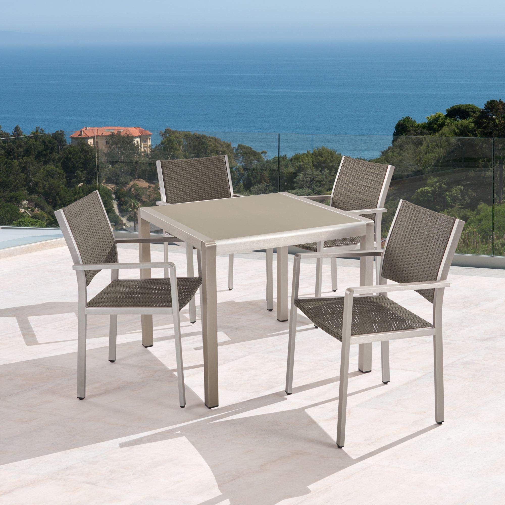 Modern 5-Piece Silver Gray Square Tempered Glass Outdoor Dining Set - Patio Furniture for Garden, Backyard & Poolside Entertaining